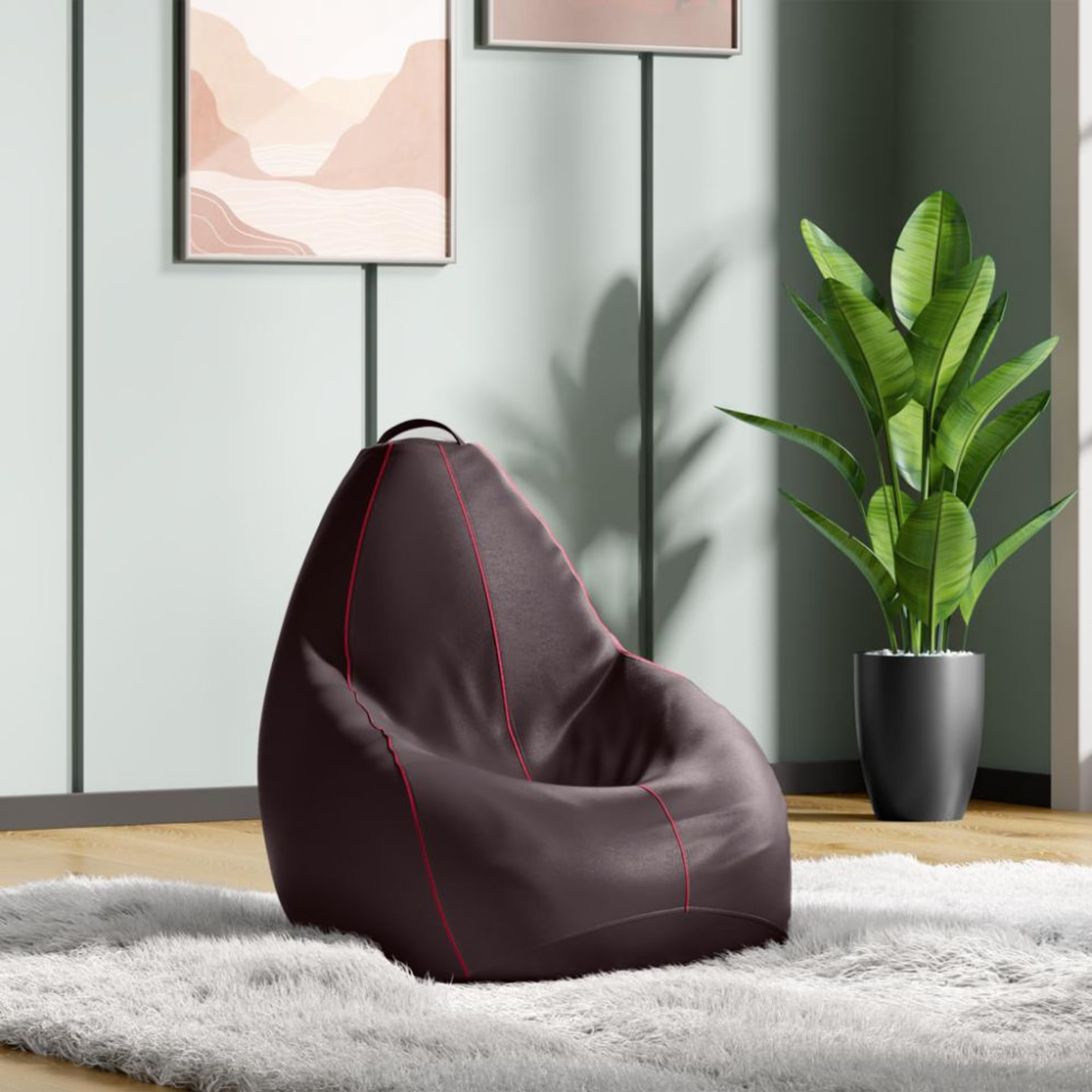 2XL Bean Bag With Beans | Original Leatherette | Brown With Red Piping | Bean Bag Chair | Cozy & Ideal for Any Space Original, XXL, With Beans, Without footrest, Without cushion, Brown with Red Piping