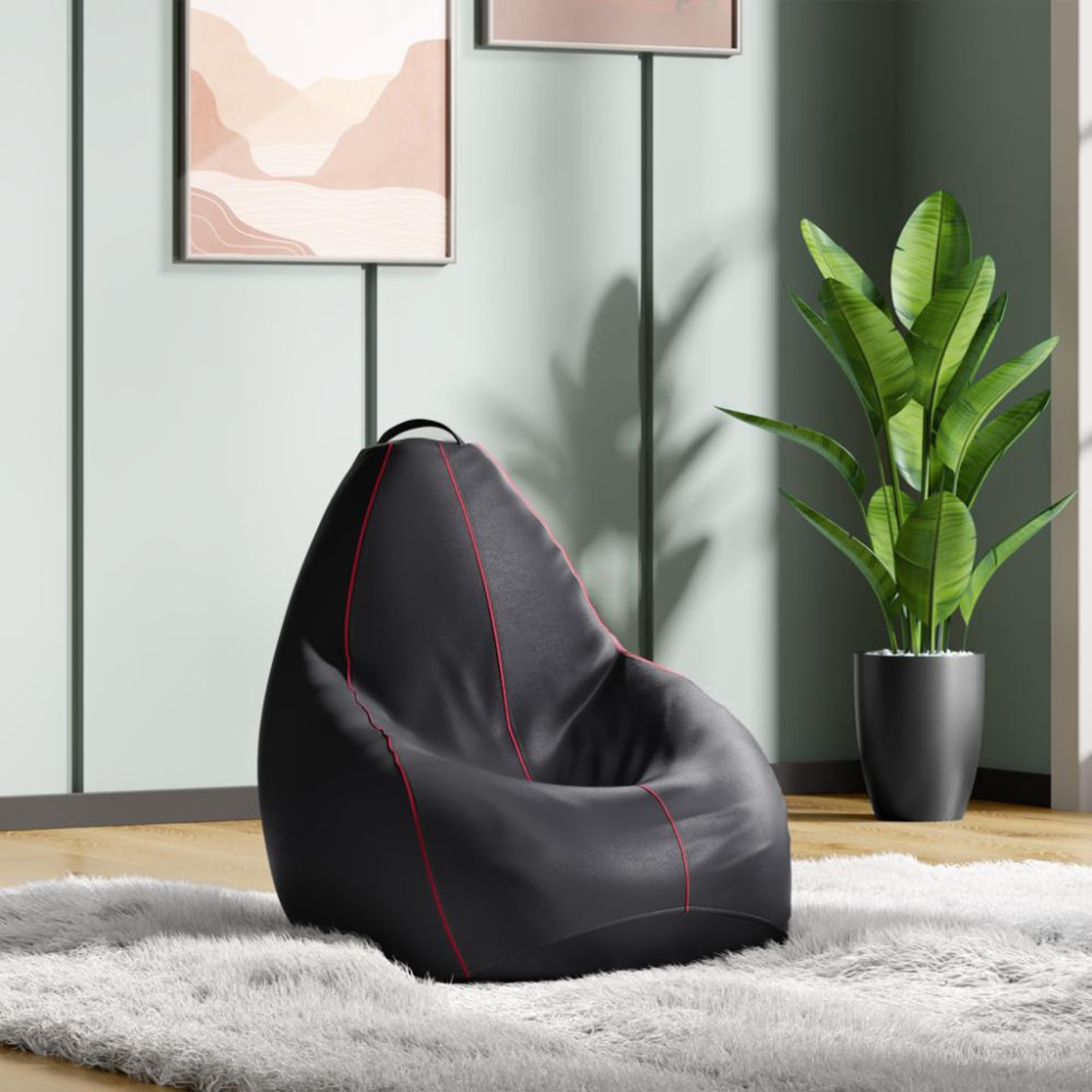 3XL Bean Bag With Beans | Original Leatherette | Black With Red Piping | Bean Bag Chair | Cozy & Ideal for Any Space Original, XXXL, With Beans, Without footrest, Without cushion, Black with Red Piping