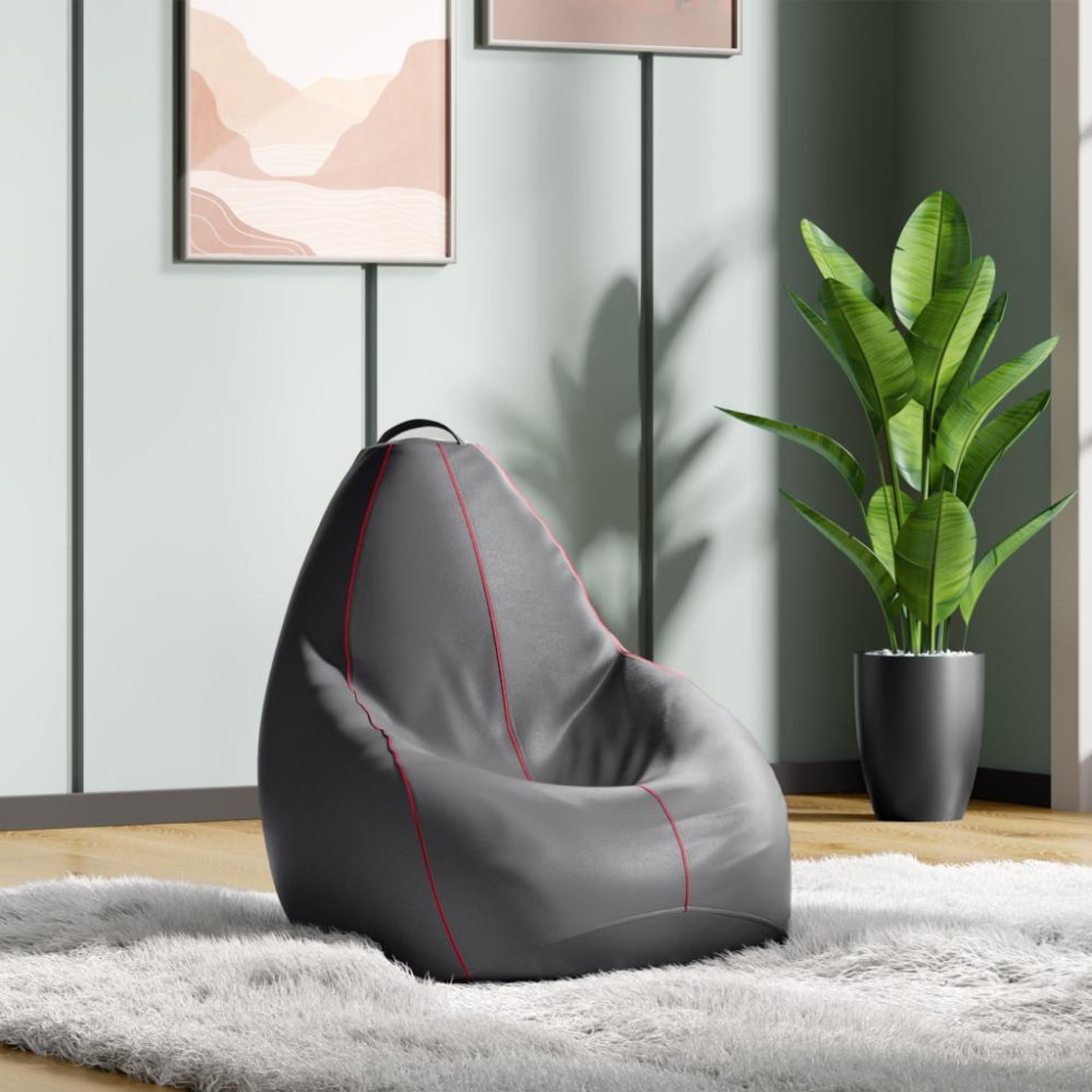 2XL Bean Bag With Beans | Original Leatherette | Grey With Red Piping | Bean Bag Chair | Cozy & Ideal for Any Space Original, XXL, With Beans, Without footrest, Without cushion, Grey with Red Piping