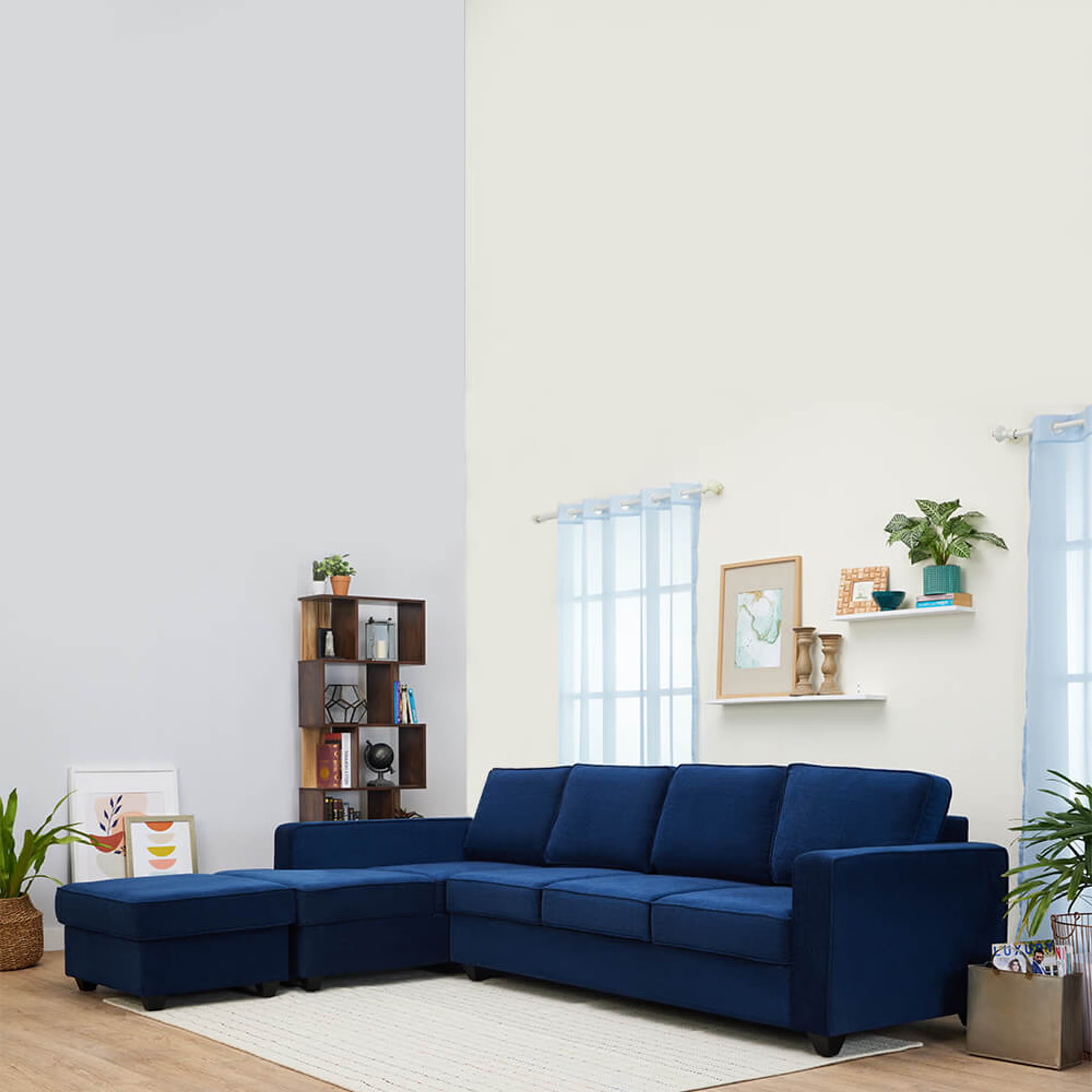 Wakefit Napper L Shape Sofa Set (3 Seater + Left Aligned Chaise + Ottoman) Sectional, Without Storage, 3 + Left Aligned Chaise with Ottoman, Cobalt Blue