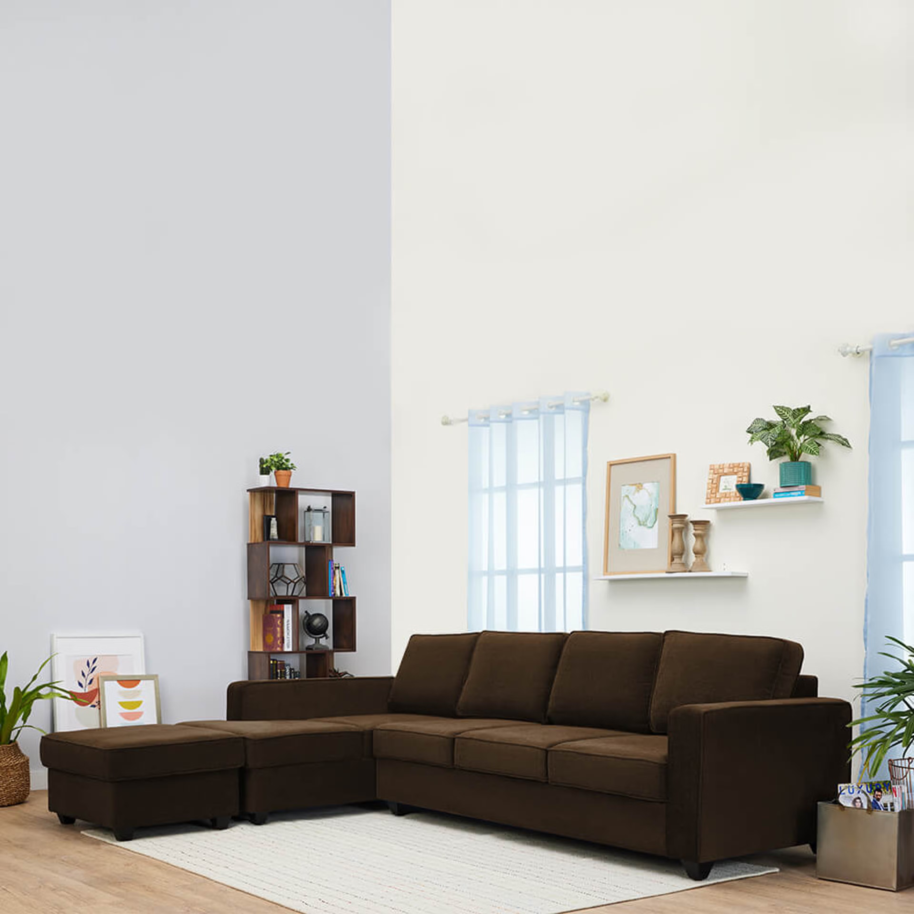Wakefit Napper L Shape Sofa Set (3 Seater + Left Aligned Chaise + Ottoman) Sectional, Without Storage, 3 + Left Aligned Chaise with Ottoman, Dark Earth