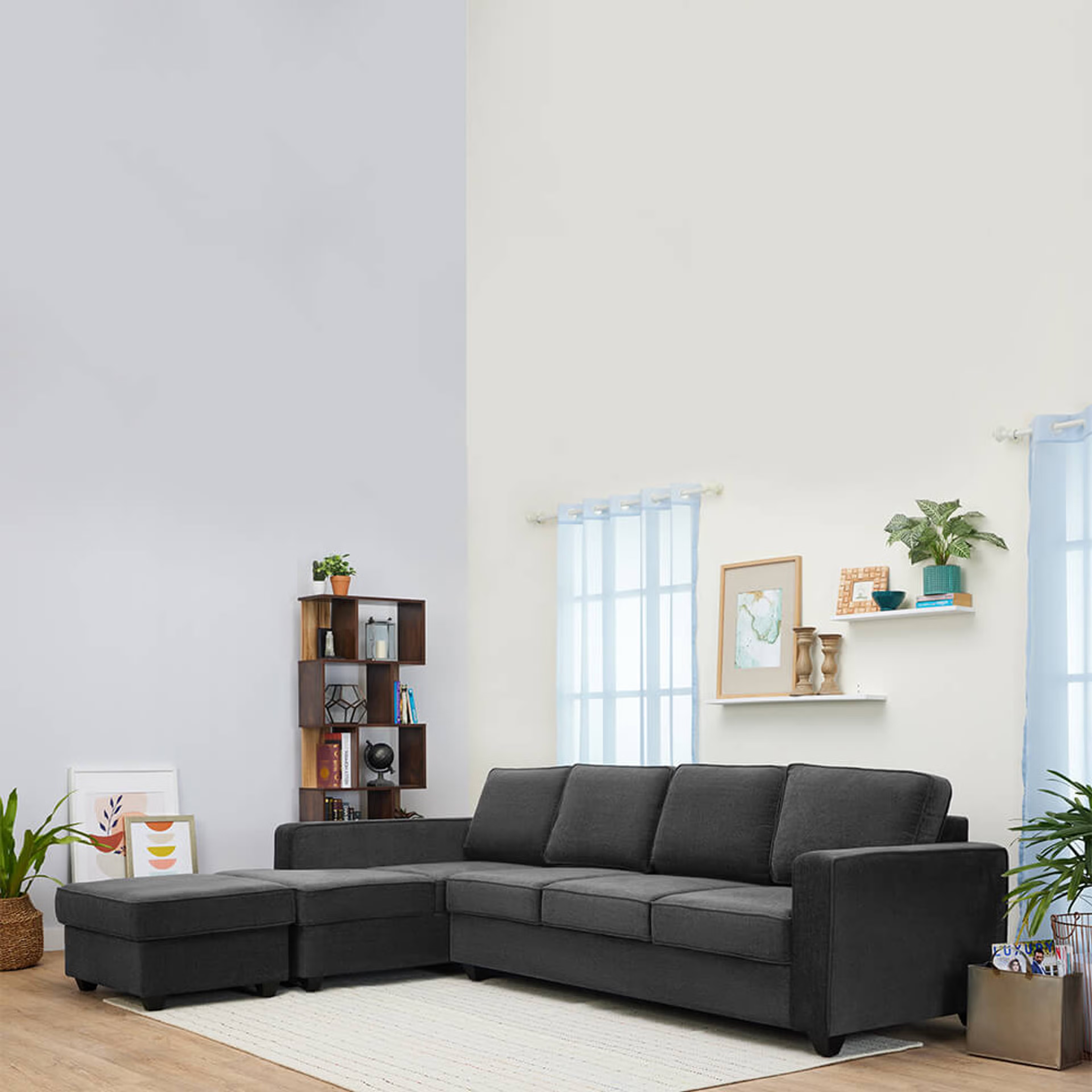 Wakefit Napper L Shape Sofa Set (3 Seater + Left Aligned Chaise + Ottoman) Sectional, Without Storage, 3 + Left Aligned Chaise with Ottoman, Smoke Grey