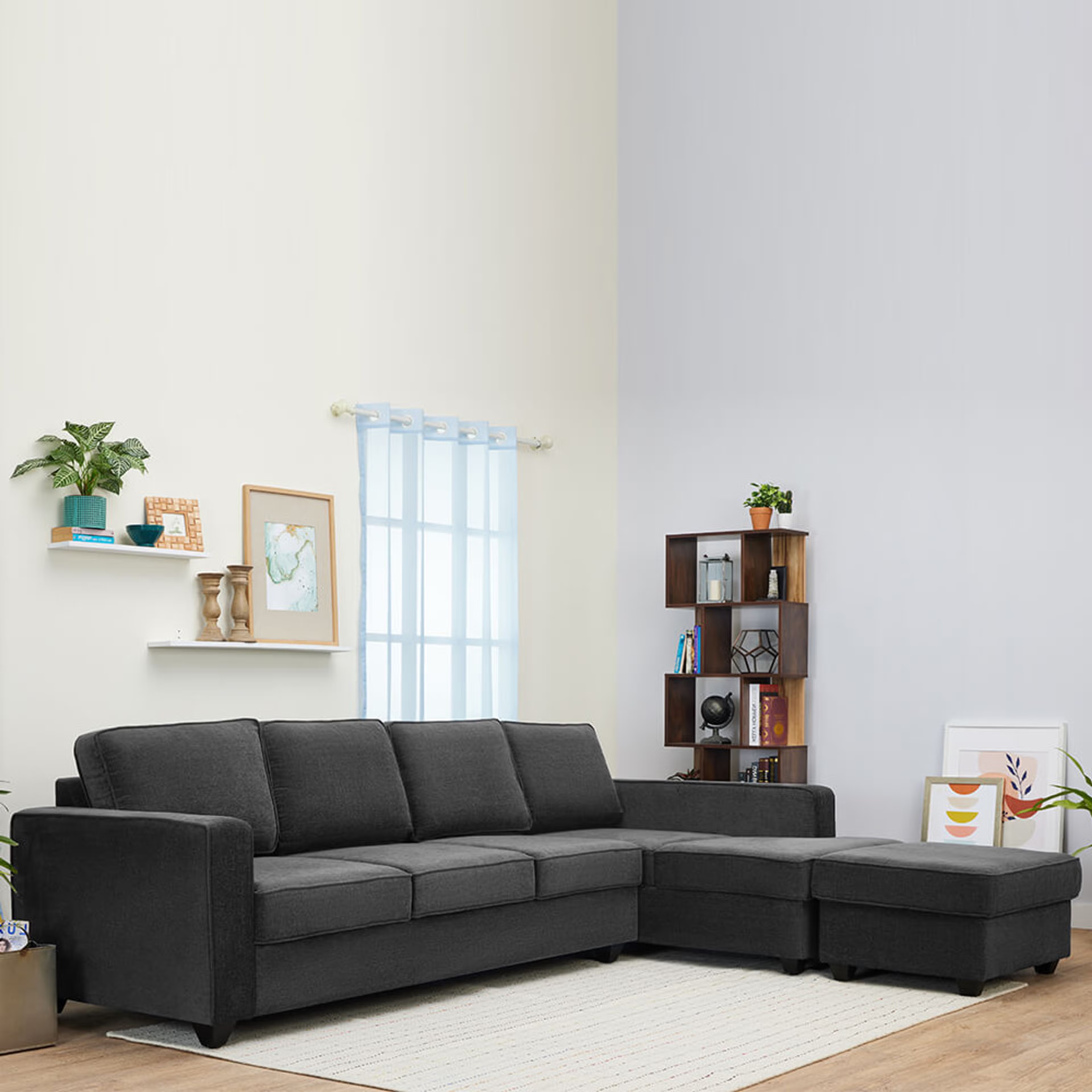 Wakefit Napper L Shape Sofa Set (3 Seater + Right Aligned Chaise + Ottoman) Sectional, Without Storage, 3 + Right Aligned Chaise with Ottoman, Smoke Grey