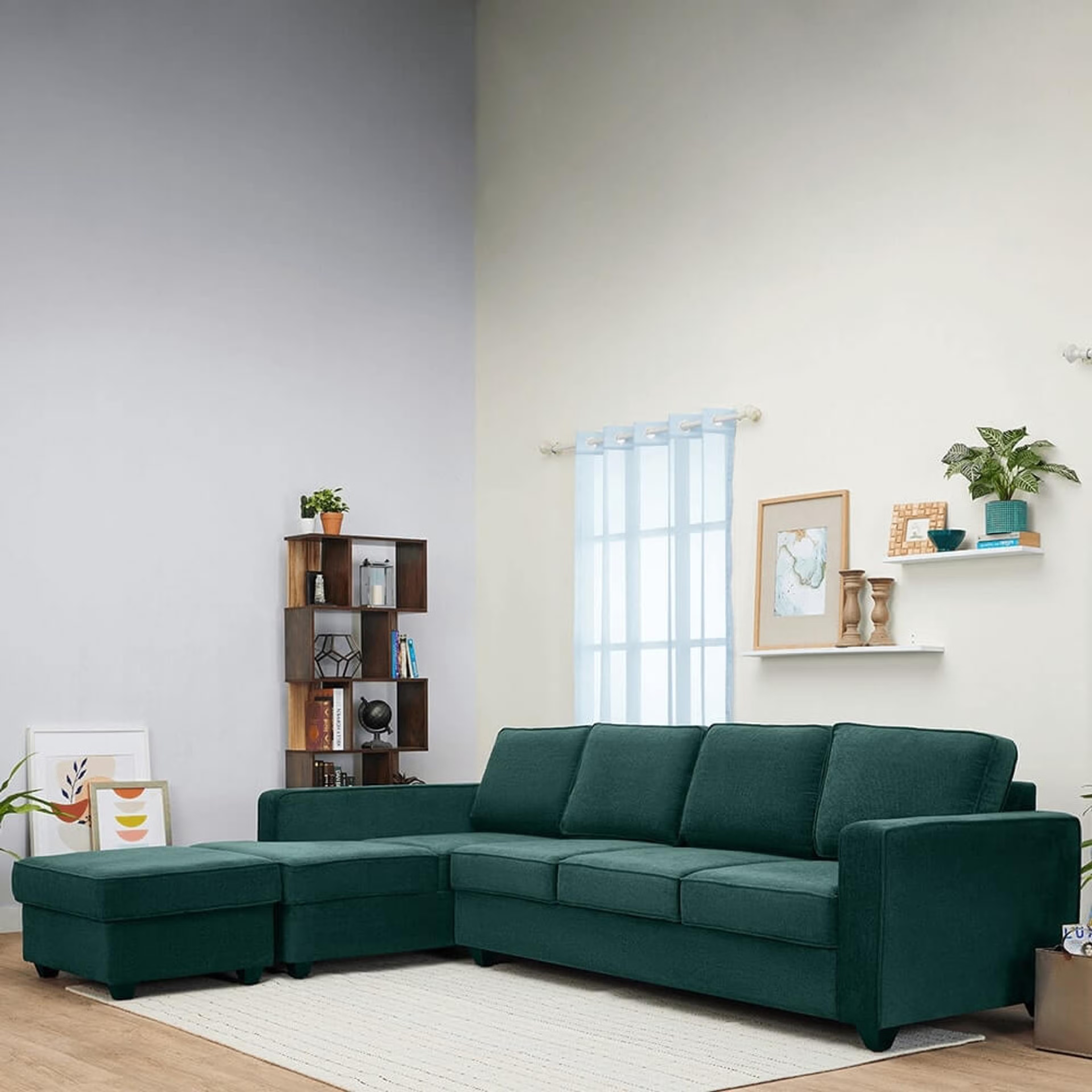 Wakefit Napper L Shape Sofa Set (3 Seater + Left Aligned Chaise + Ottoman) Sectional, Without Storage, 3 + Left Aligned Chaise with Ottoman, Malibu Green