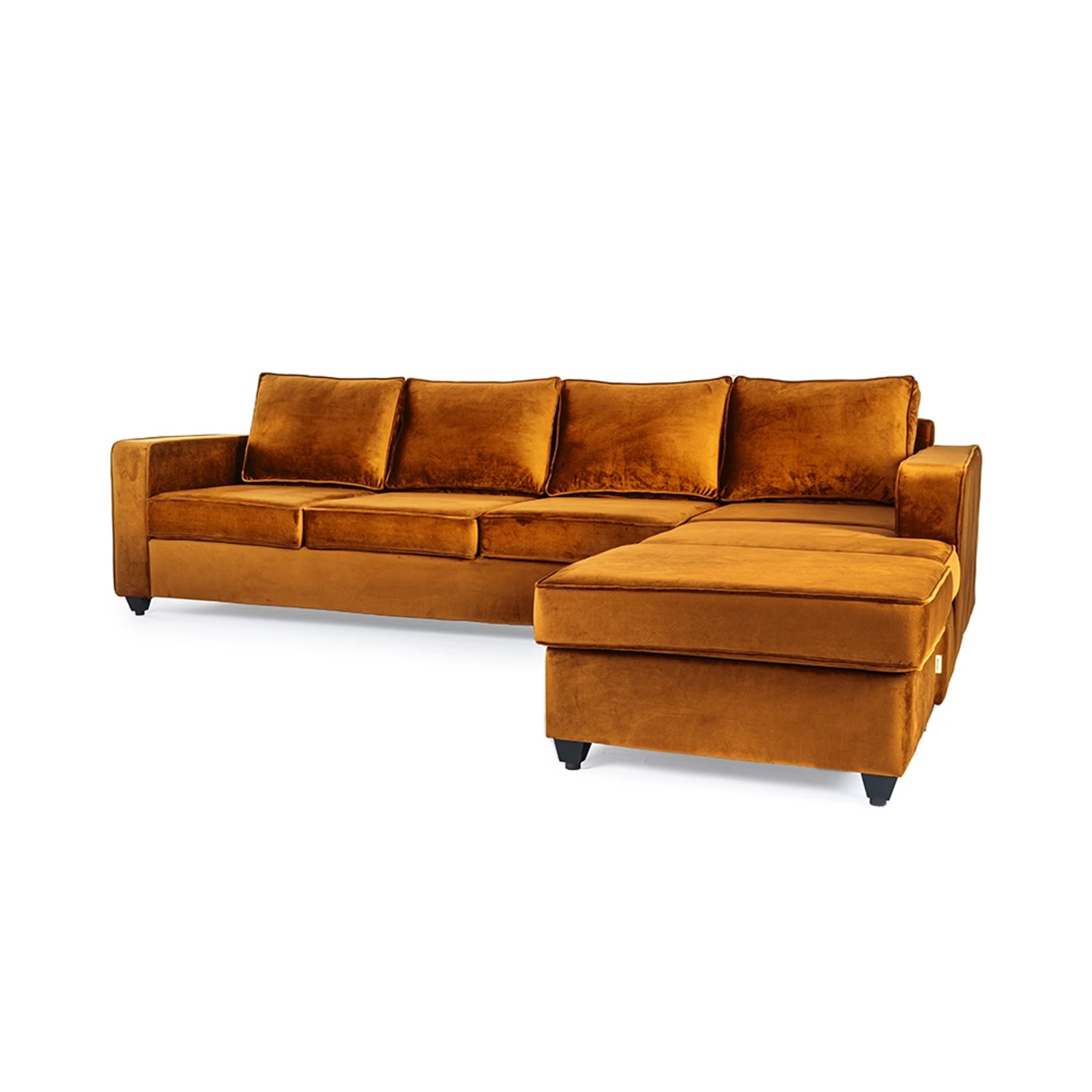 Wakefit Napper L Shape Sofa Set (3 Seater + Right Aligned Chaise with Ottoman) - Velvet Amber Sectional, Without Storage, 3 + Right Aligned Chaise with Ottoman, Amber