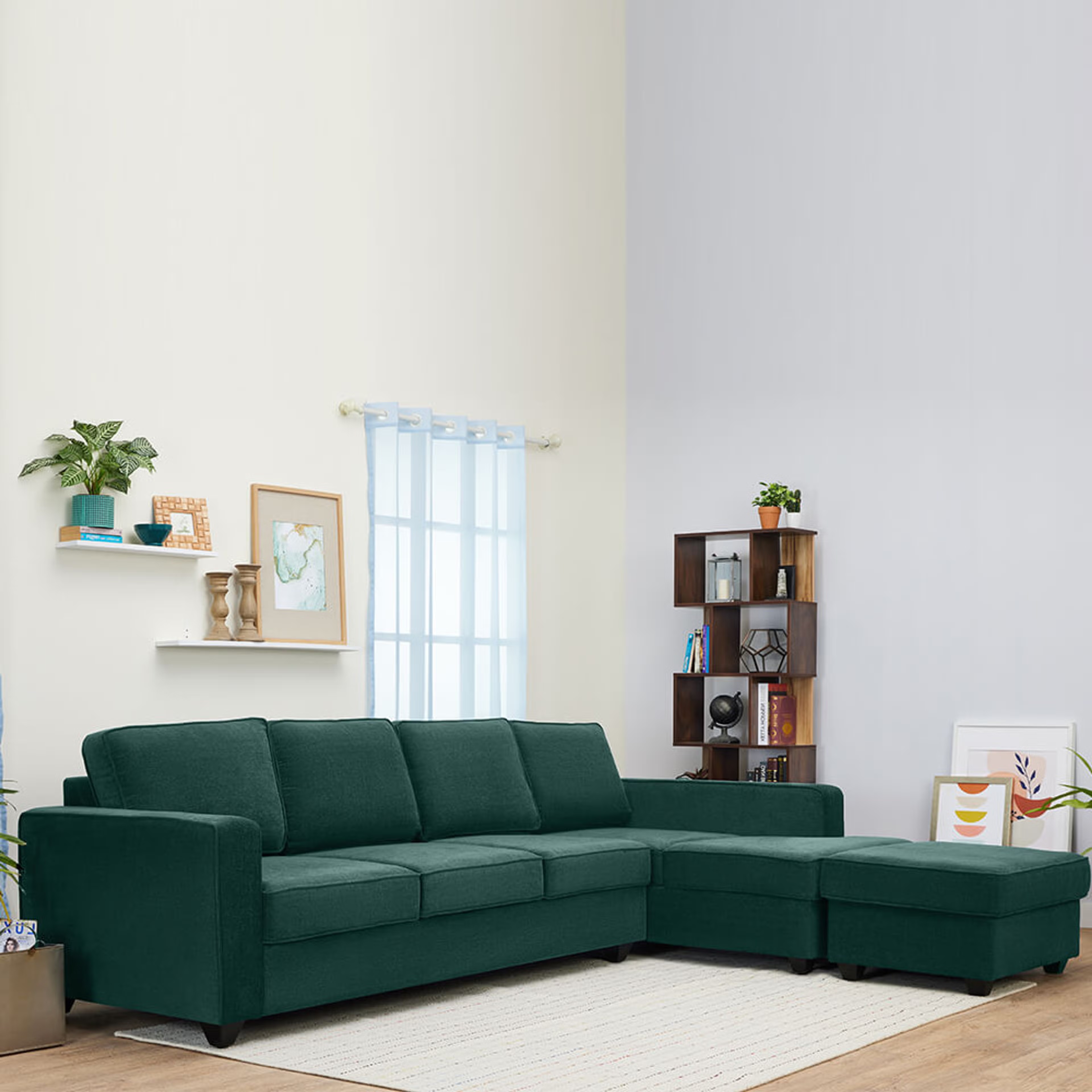 Home 34 Wakefit Napper L Shape Sofa Set (3 Seater + Right Aligned Chaise + Ottoman) Sectional, Without Storage, 3 + Right Aligned Chaise with Ottoman, Malibu Green