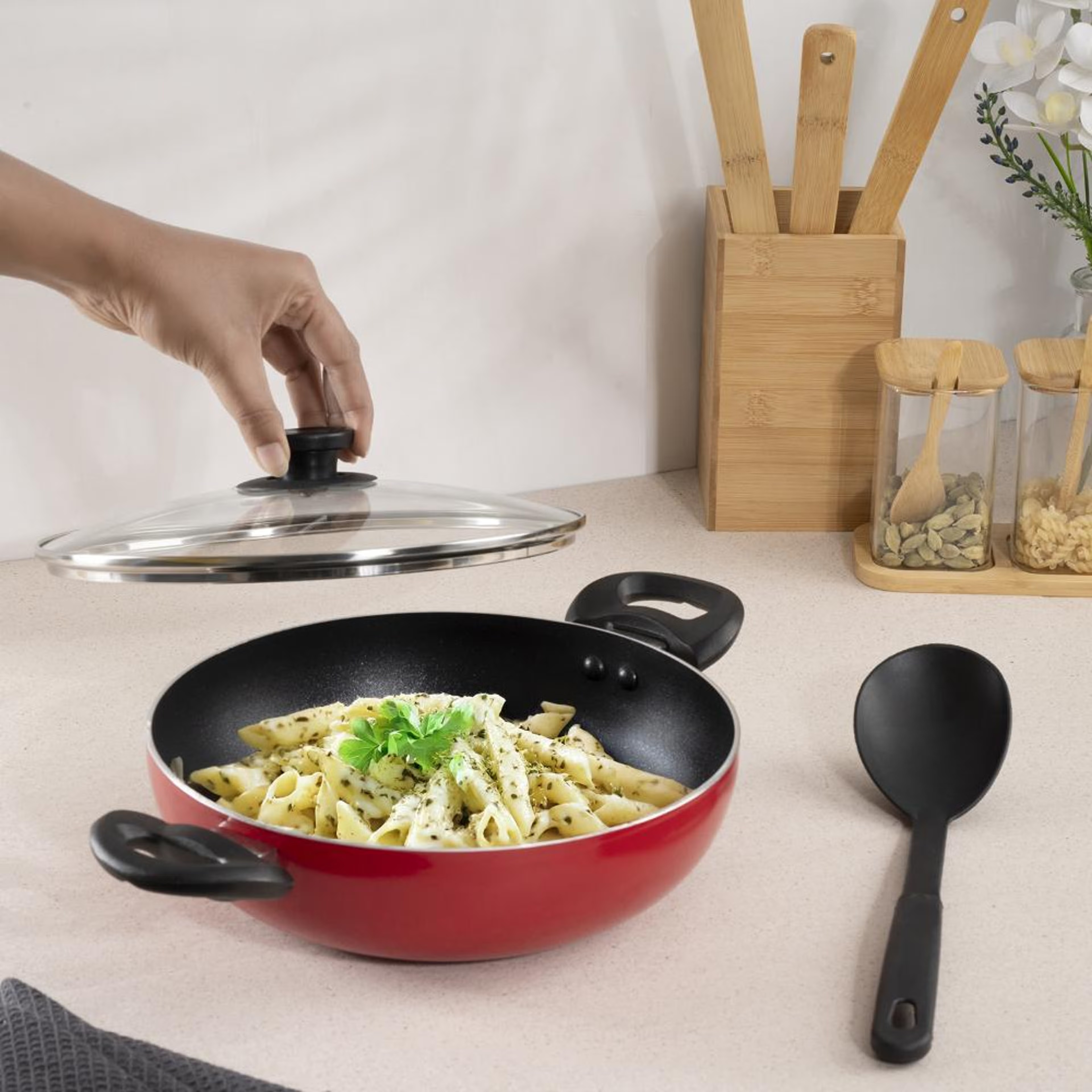 Advanced 5 layer Non-Stick Kadai with Glass Lid | 24 cm | 2.6 mm thick | PFOA & PTFE Free | Gas Compatible | Highly durable & Metal Spoon Friendly | Sturdy Handle | Free Spoon | Culantro | Red & Black Kadai, Aluminium, Non Induction Base, Kadai-2.5 Ltr