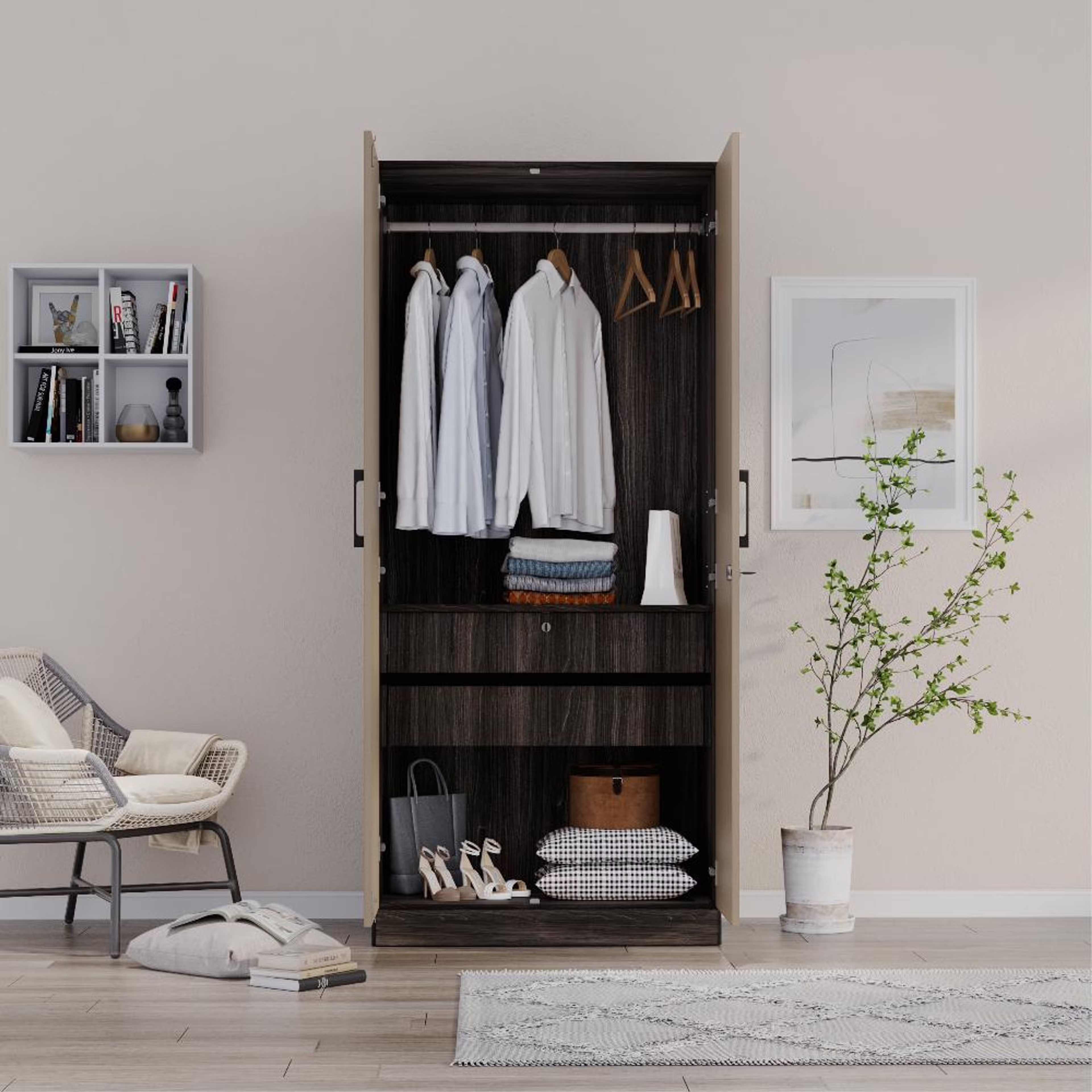 Cashmere Plus 2 Door Wardrobe with Shelf, 2 Drawers, Mirror & 1 Hanging Area | (Wyoming Maple & Frappe) 2 Door, 1 Shelf, Without Partition, 2 Drawers, Without Trays, With Mirror, 1 Hanging Area, Wyoming Maple & Frappe