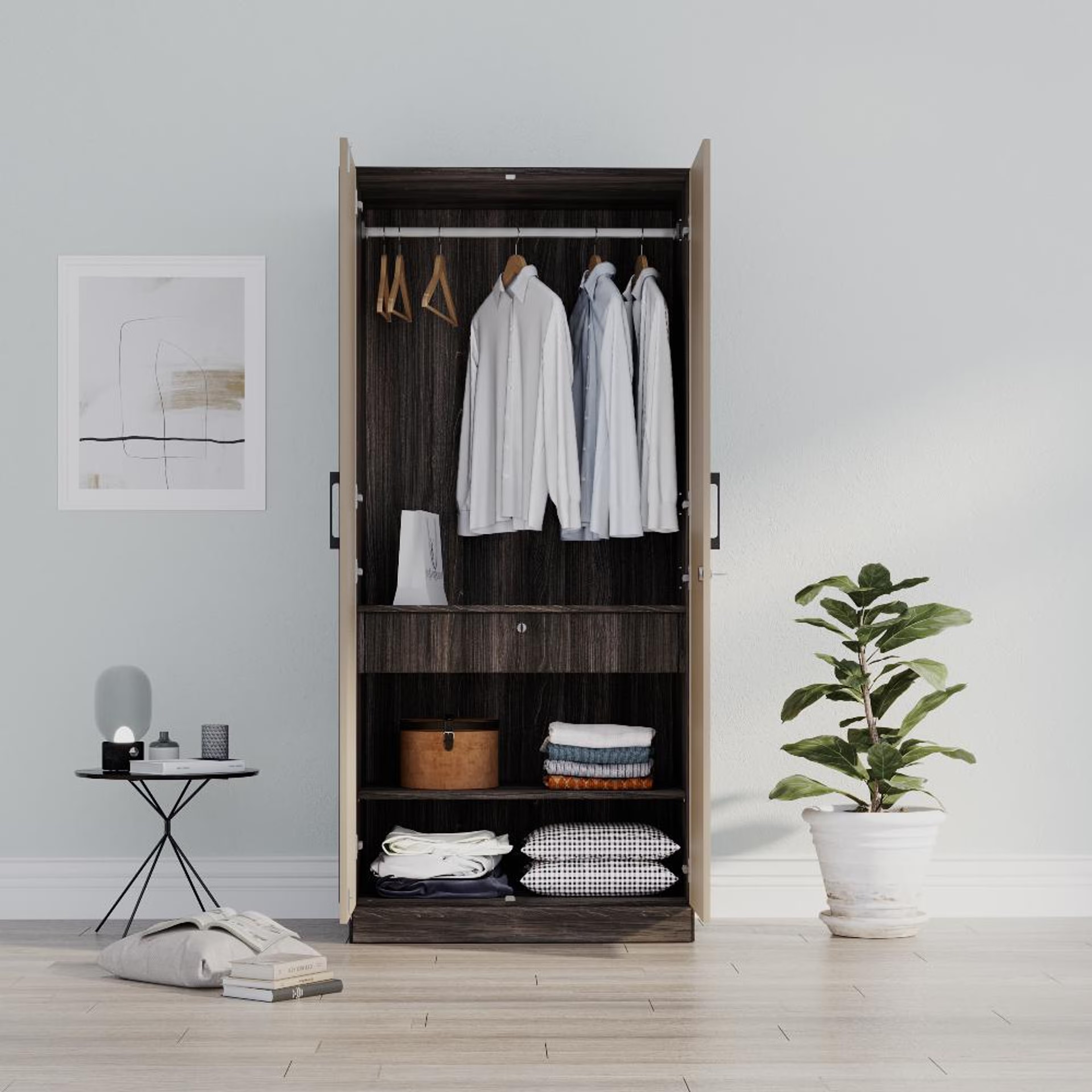 Cashmere Plus 2 Door Wardrobe with 2 Shelves, Drawer, Mirror & 1 Hanging Area | (Wyoming Maple & Frappe) 2 Door, 2 Shelves, Without Partition, 1 Drawer, Without Trays, With Mirror, 1 Hanging Area, Wyoming Maple & Frappe
