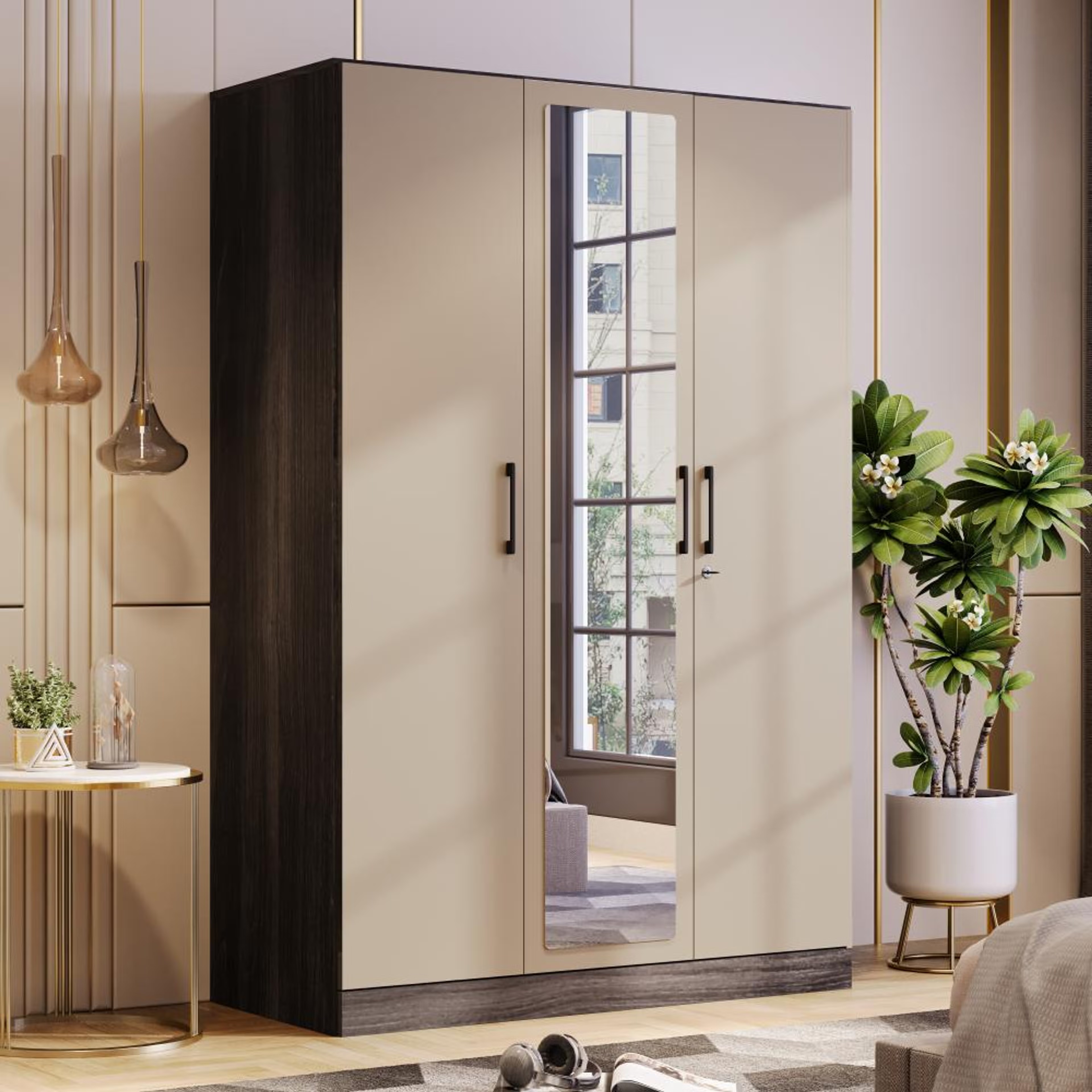 Cashmere Plus 3 Door Wardrobe with 4 Shelves, 2 Drawers, Mirror & 2 Hanging Areas | (Wyoming Maple & Frappe) 3 Door, 4 Shelves, Without Partition, 2 Drawers, Without Trays, With Mirror, 2 Hanging Areas, Wyoming Maple & Frappe