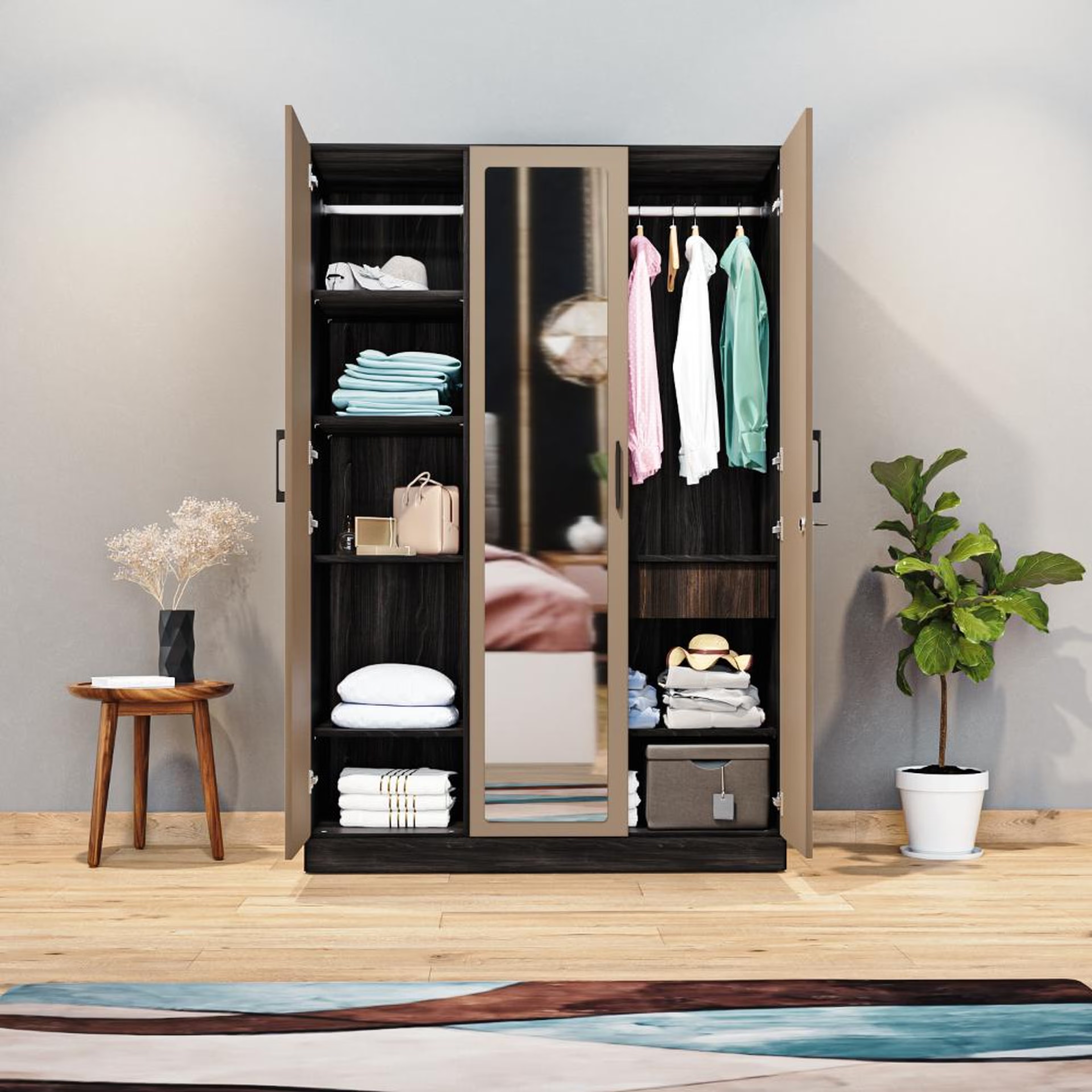 Cashmere Plus 3 Door Wardrobe with 6 Shelves, Drawer, Mirror & 1 Hanging Area | (Wyoming Maple & Frappe) 3 Door, 6 Shelves, Without Partition, 1 Drawer, Without Trays, With Mirror, 1 Hanging Area, Wyoming Maple & Frappe