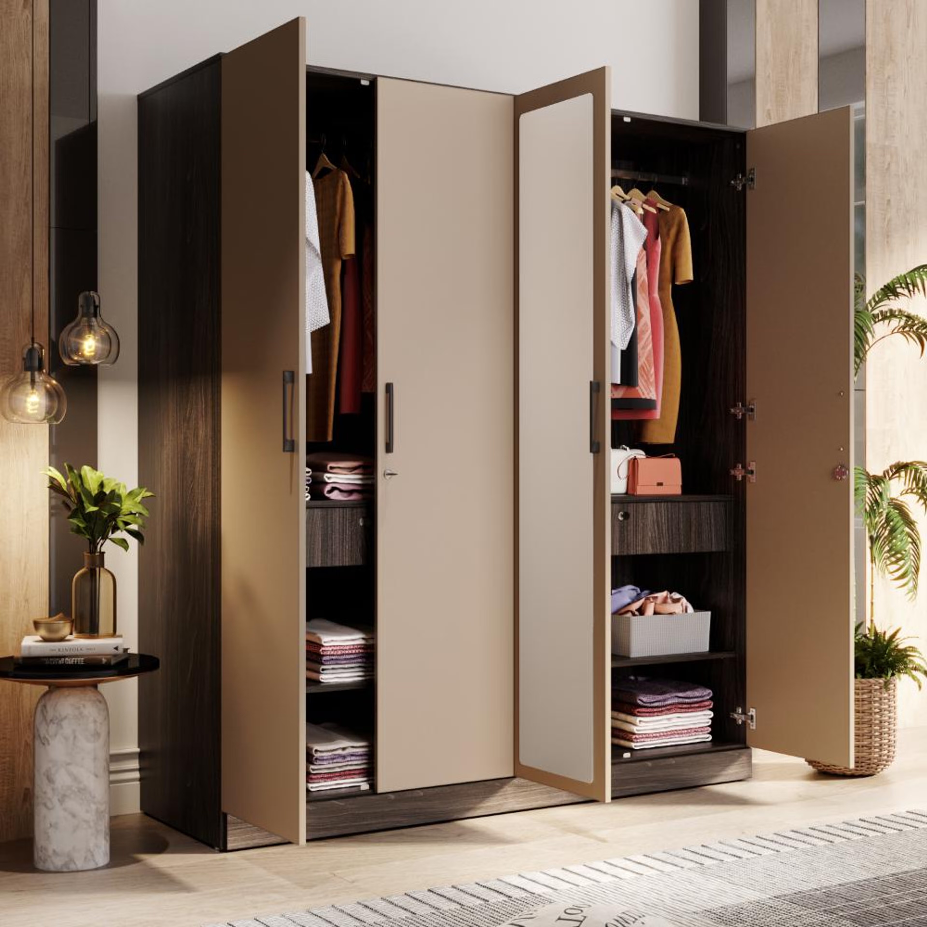 Cashmere Plus 4 Door Wardrobe with 4 Shelves, 2 Drawers, Mirror & 2 Hanging Areas | (Wyoming Maple & Frappe) 4 Door, 4 Shelves, Without Partition, 2 Drawers, Without Trays, With Mirror, 2 Hanging Areas, Wyoming Maple & Frappe