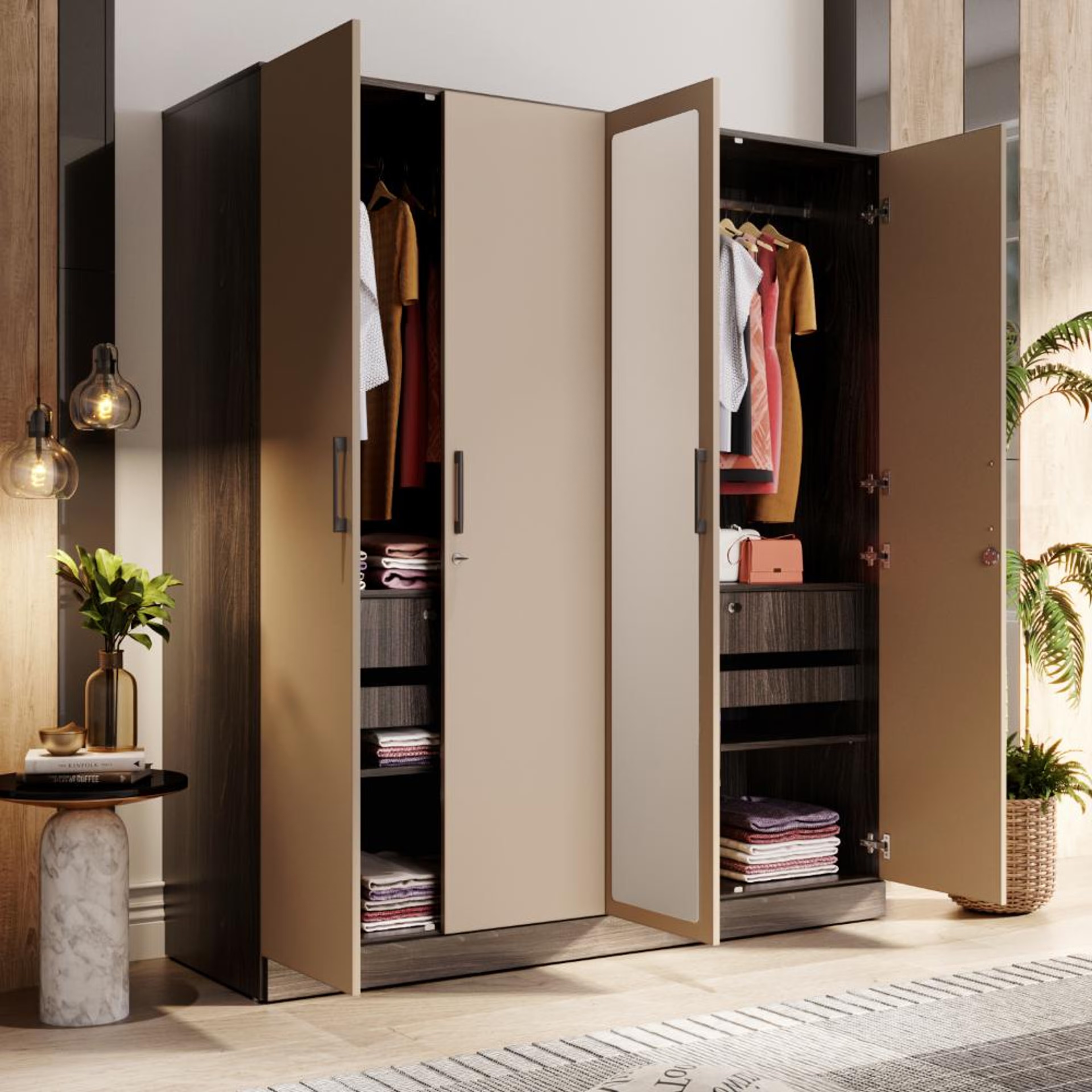 Cashmere Plus 4 Door Wardrobe with 4 Shelves, 2 Drawers, 2 Trays, Mirror & 2 Hanging Areas | (Wyoming Maple & Frappe) 4 Door, 4 Shelves, Without Partition, 2 Drawers, 2 Trays, With Mirror, 2 Hanging Areas, Wyoming Maple & Frappe