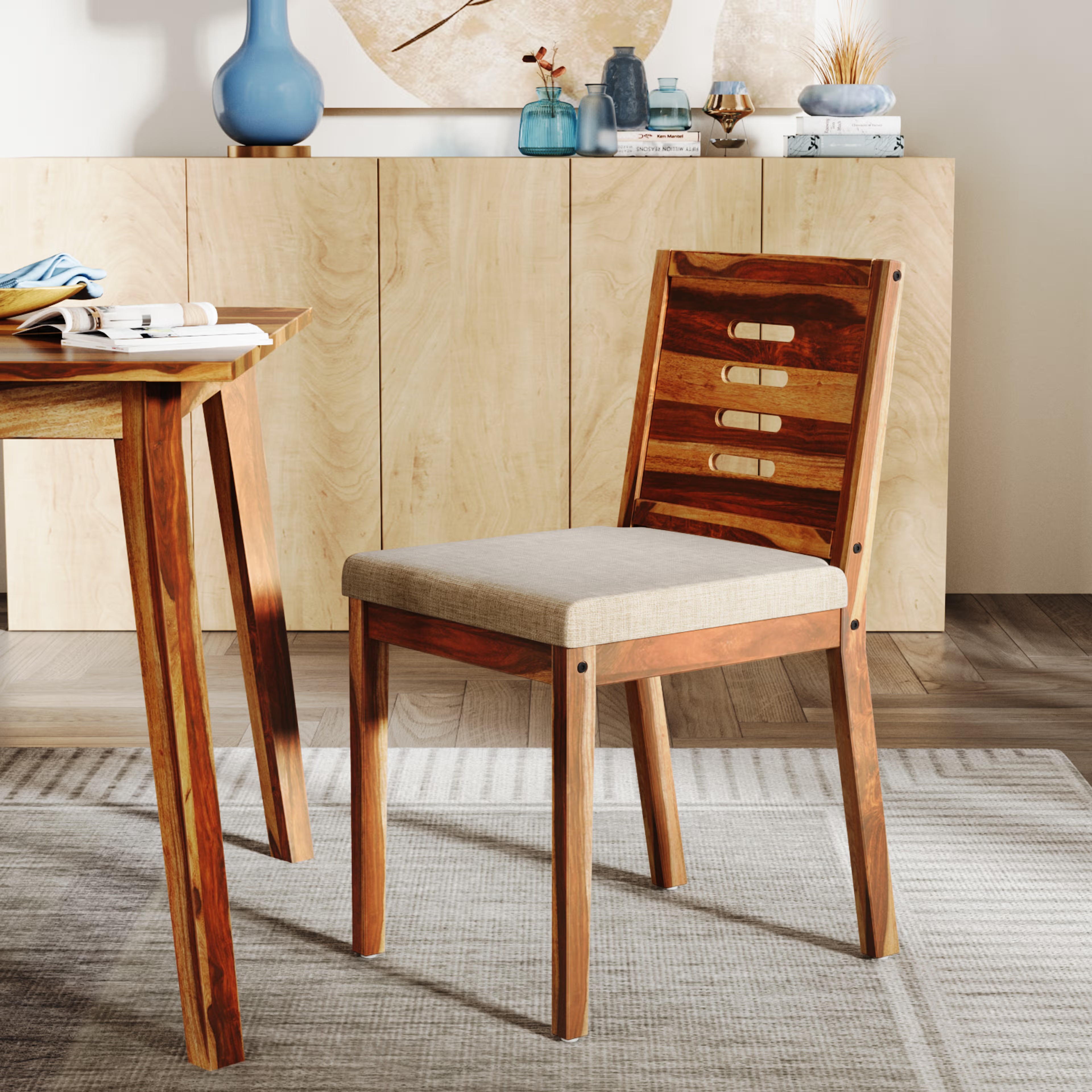 Simsim Sheesham Wood Dining Chair - with Cushion With Cushion - Omega Pearl, Natural Sheesham