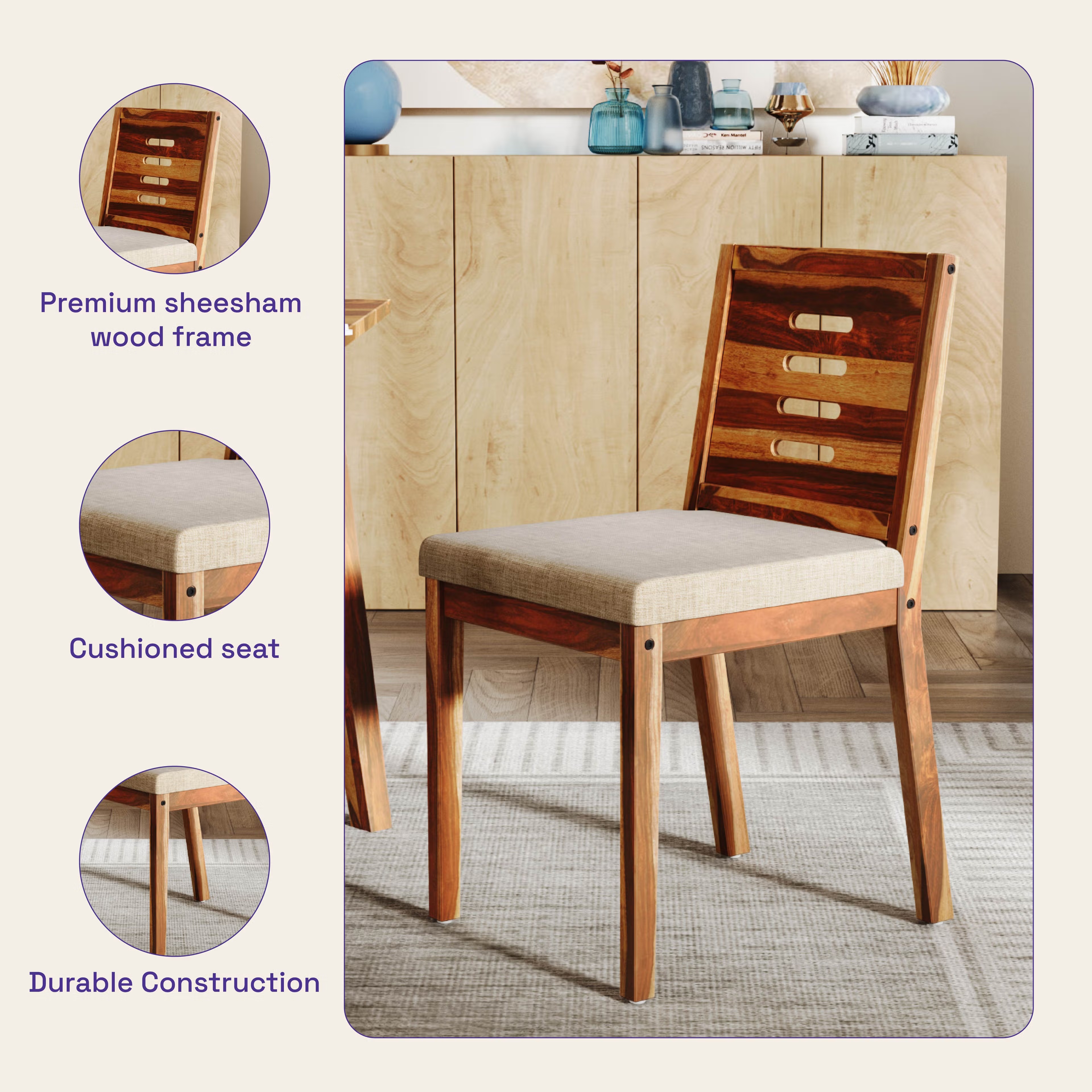 Simsim Sheesham Wood Dining Chair - with Cushion With Cushion - Omega Pearl, Natural Sheesham