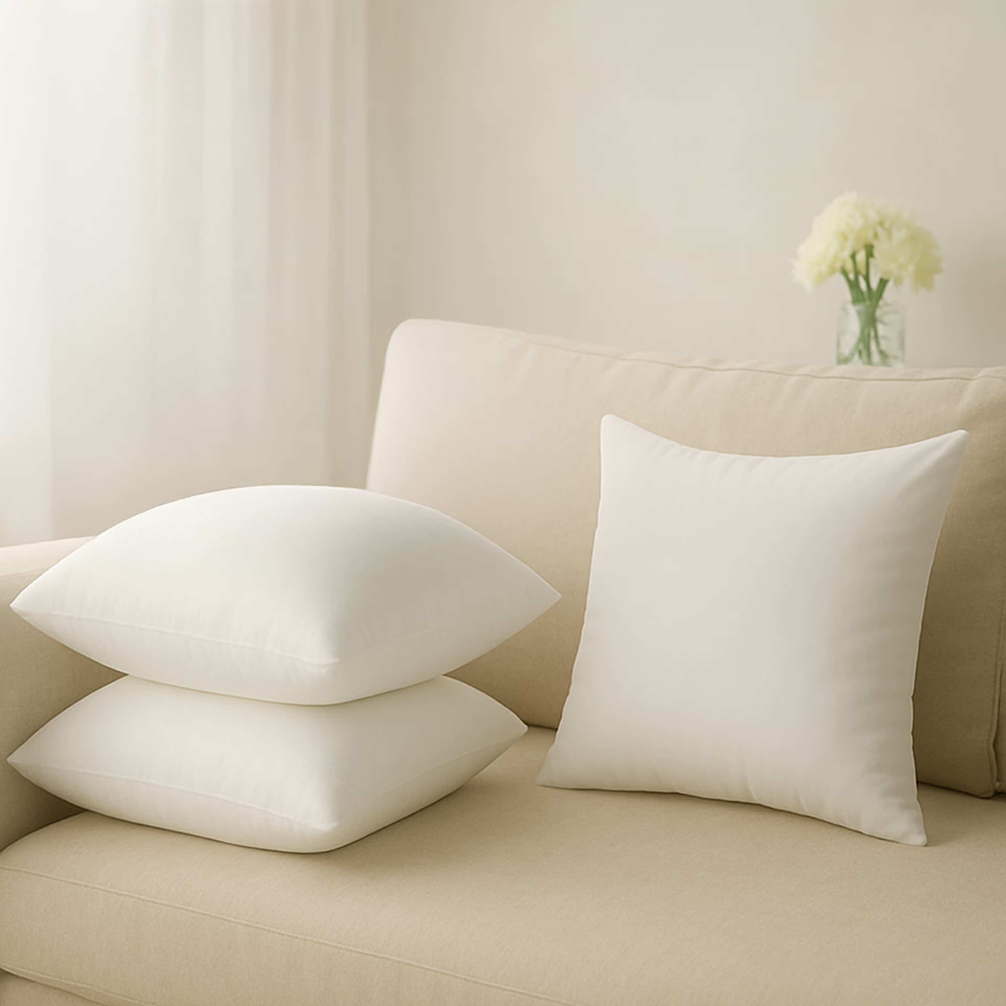 Cushion | Pack of 3 | 21x22 Inch | Hollow Fiber Filling | Use With or Without Cover | For Sofa & Bed | Gentle Machine Wash| White 12"x12\