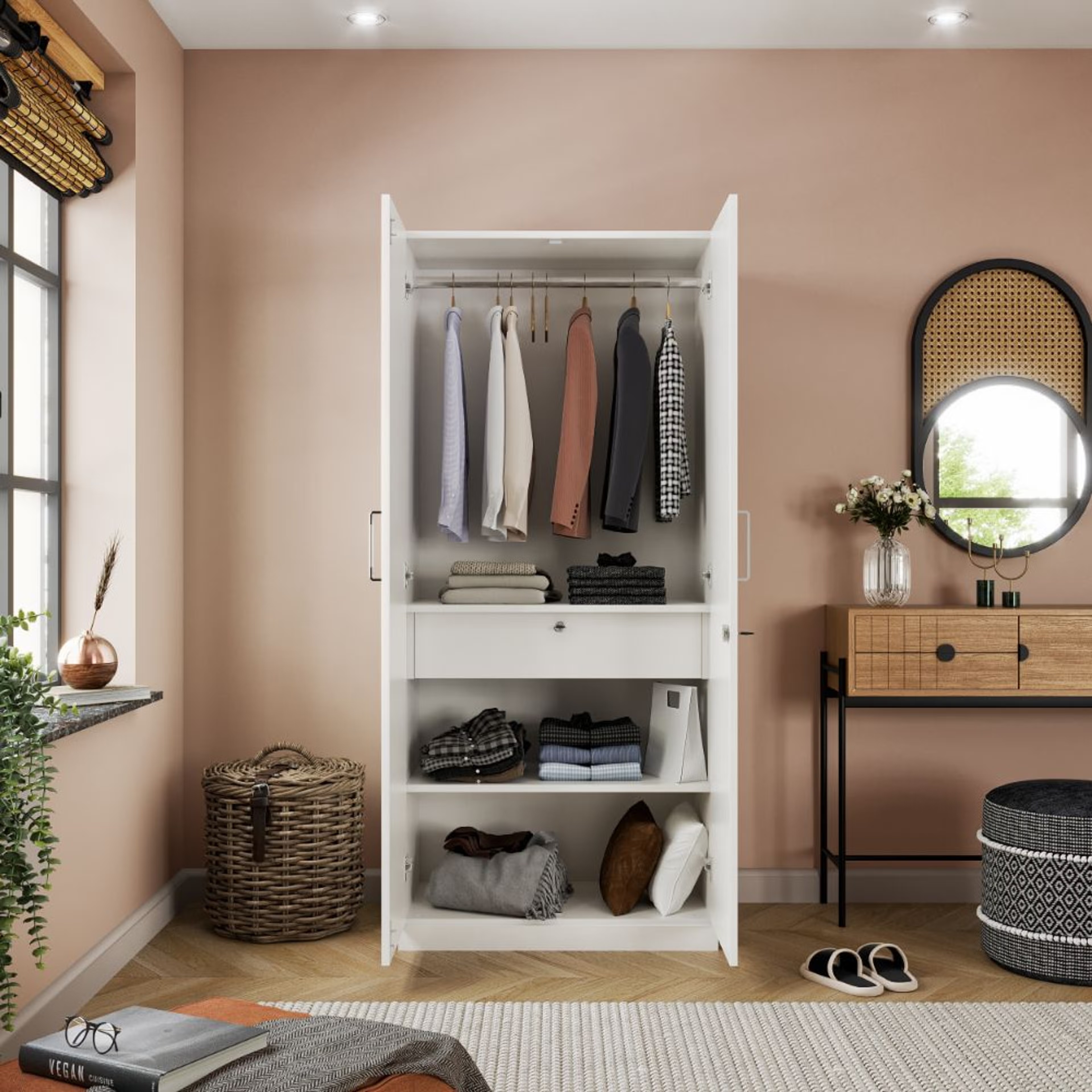Gingham 2 Door Wardrobe with Drawer, Mirror Wall Anchored | Without Loft | (Frosty White) 2 Door, With Drawer, With Mirror, Without Loft, 1 Hanging Area, Frosty White