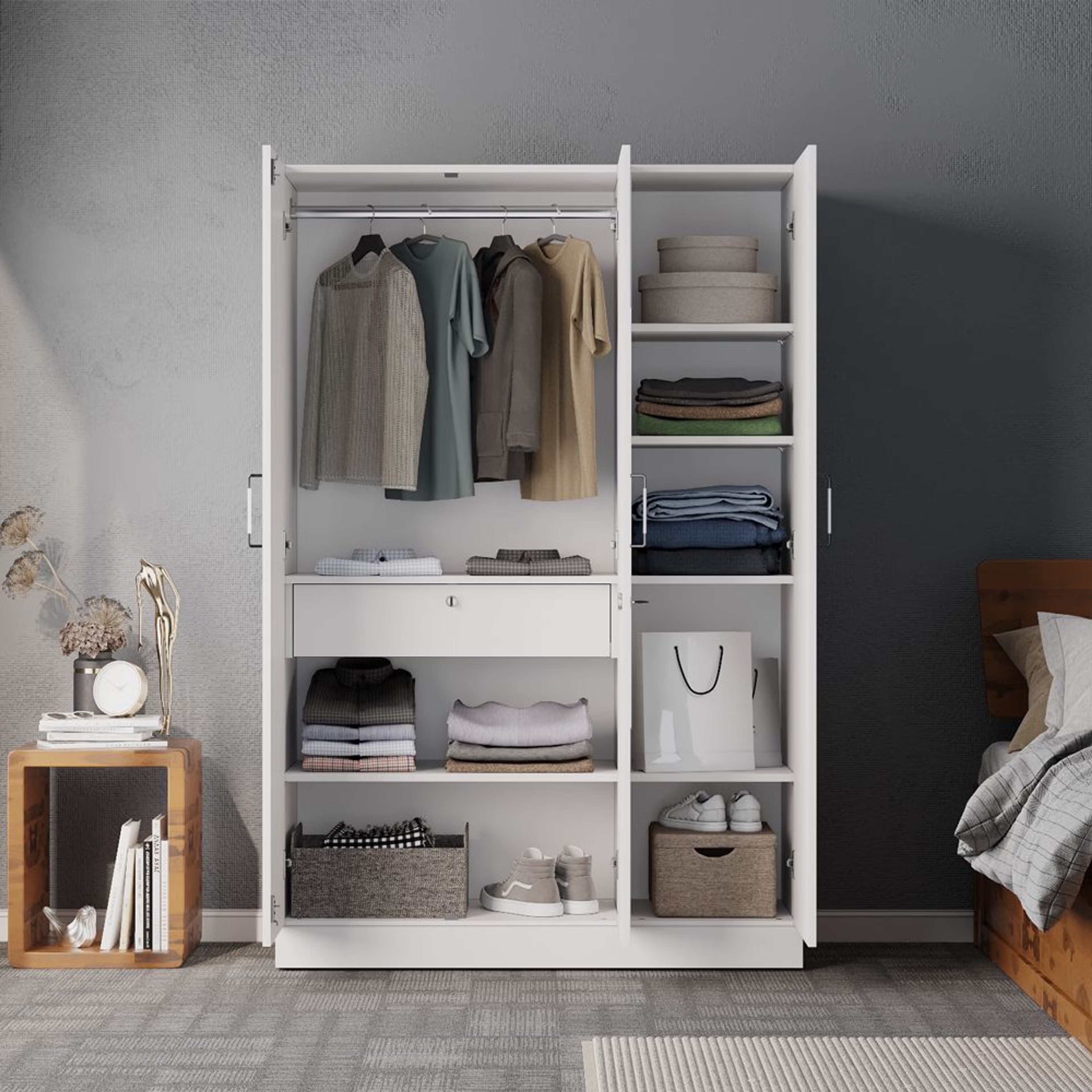 Gingham 3 Door Wardrobe with Drawer, Mirror and 1 Hanging Space | Without Loft | (Frosty White) 3 Door, With Drawer, With Mirror, Without Loft, 1 Hanging Area, Frosty White