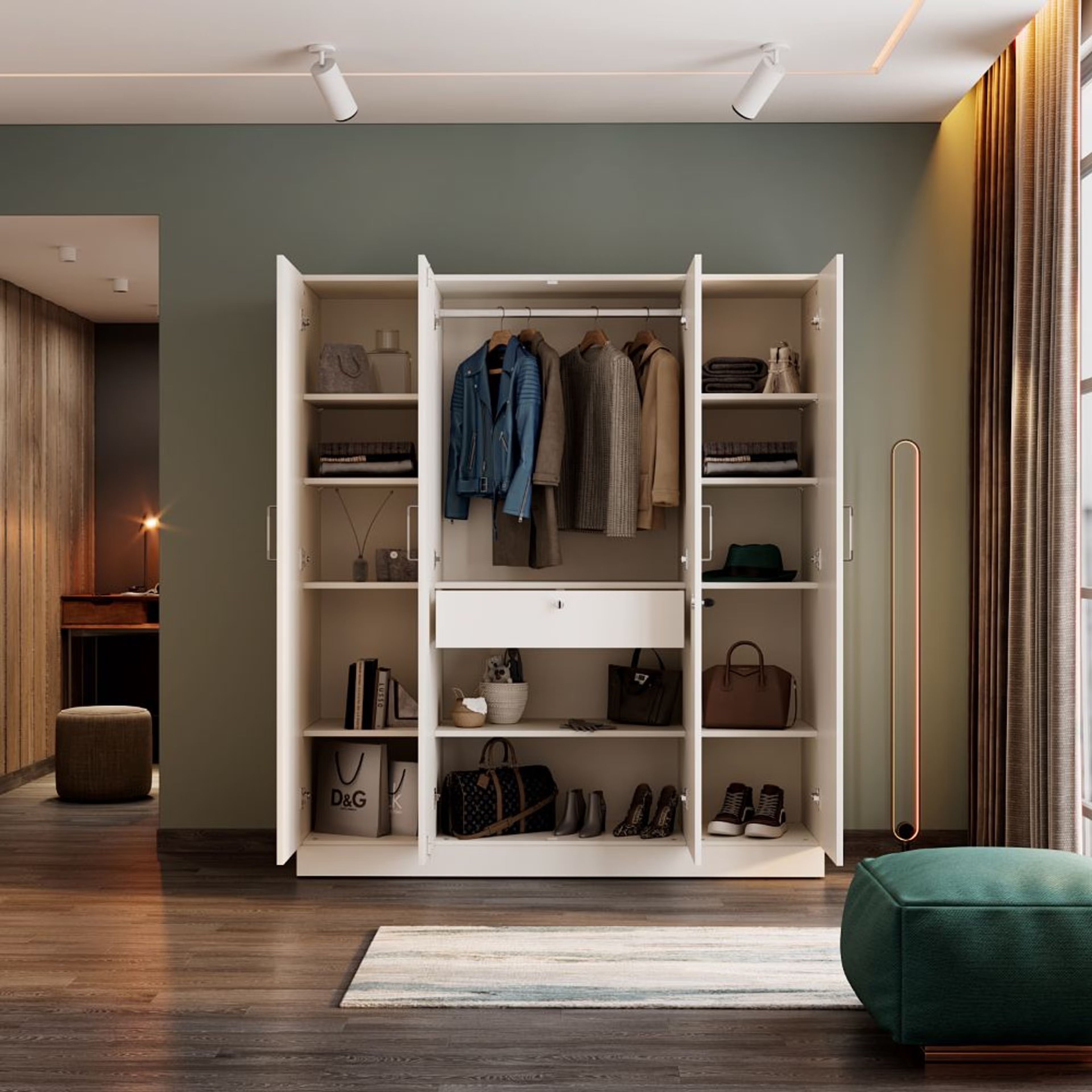 Gingham 4 Door Wardrobe with Drawer, Mirror and 1 Hanging Space | Without Loft | (Frosty White) 4 Door, With Drawer, With Mirror, Without Loft, 1 Hanging Area, Frosty White