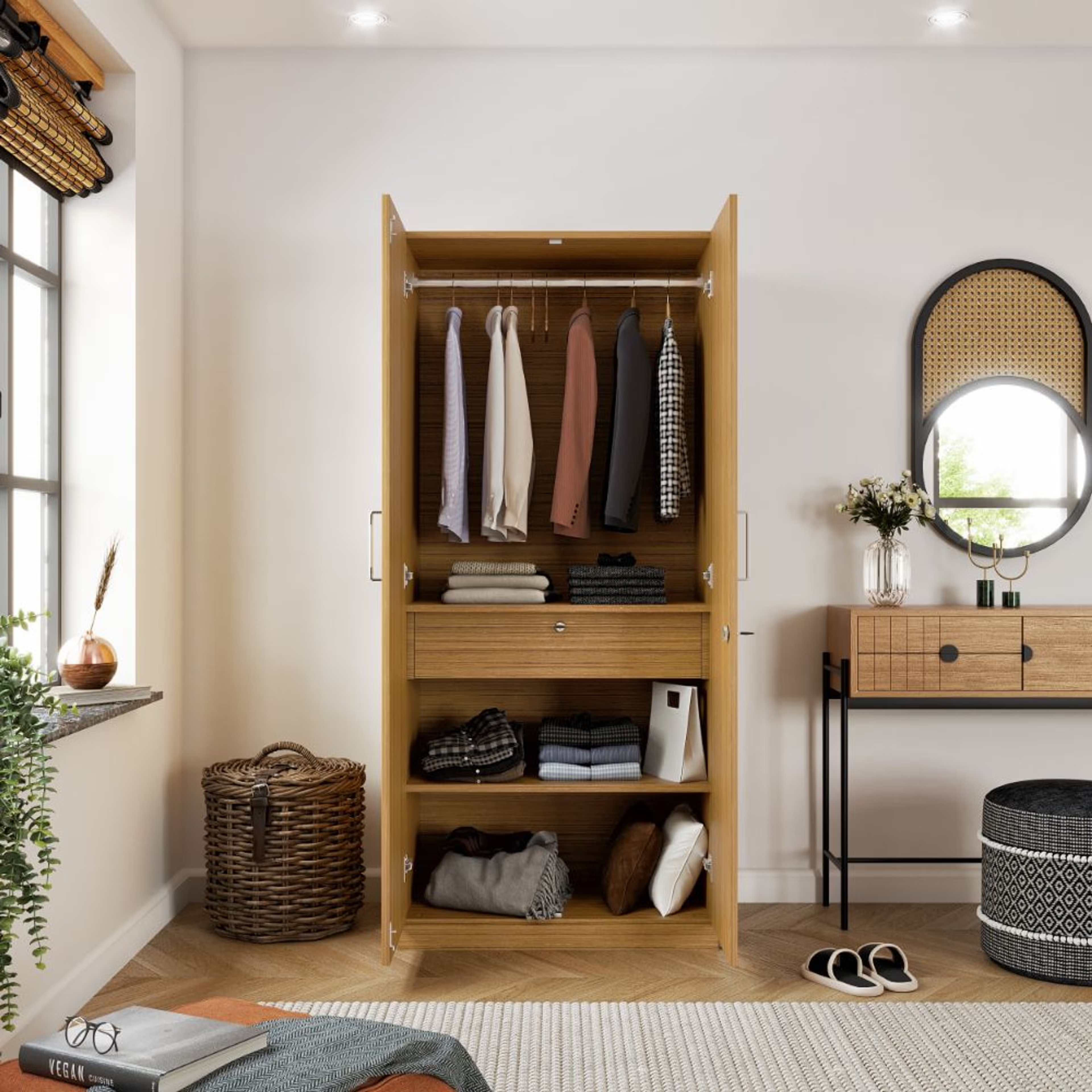 Home 31 Gingham 2 Door Wardrobe with Drawer, Mirror Wall Anchored | Without Loft | (Urban Teak) 2 Door, With Drawer, With Mirror, Without Loft, 1 Hanging Area, Urban Teak