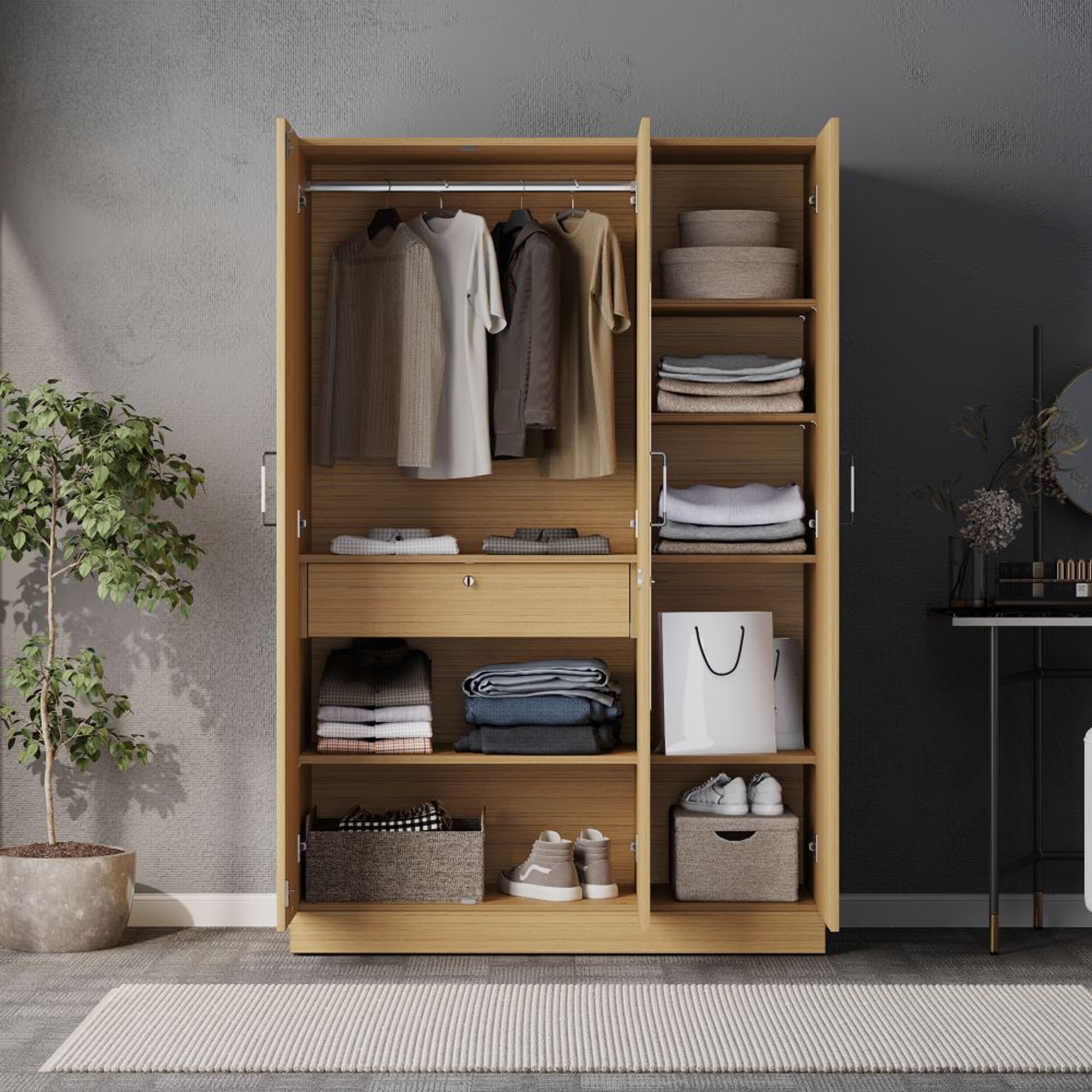 Gingham 3 Door Wardrobe with Drawer, Mirror and 1 Hanging Space | Without Loft | (Urban Teak) 3 Door, With Drawer, With Mirror, Without Loft, 1 Hanging Area, Urban Teak