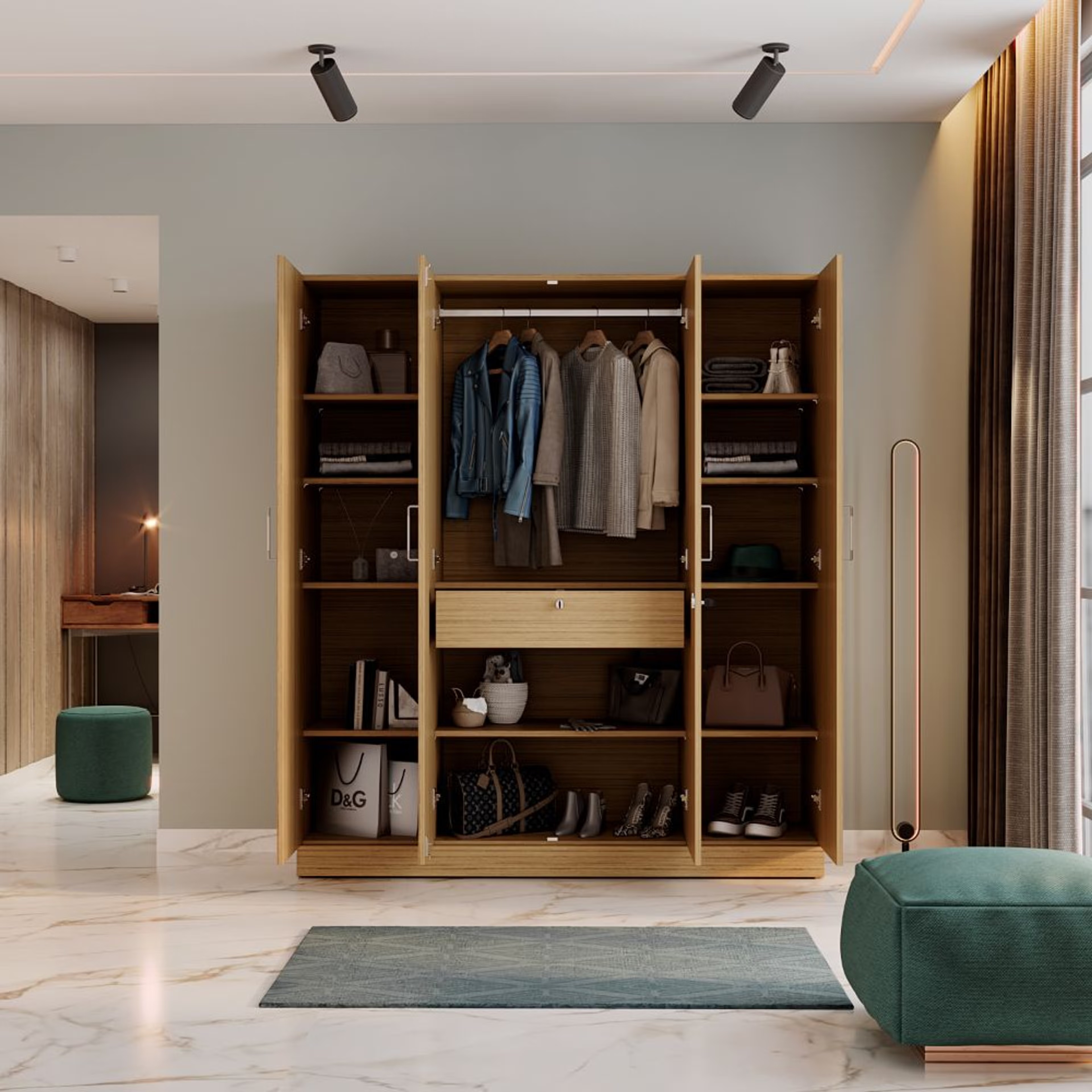 Gingham 4 Door Wardrobe with Drawer, Mirror and 1 Hanging Space | Without Loft | (Urban Teak) 4 Door, With Drawer, With Mirror, Without Loft, 1 Hanging Area, Urban Teak