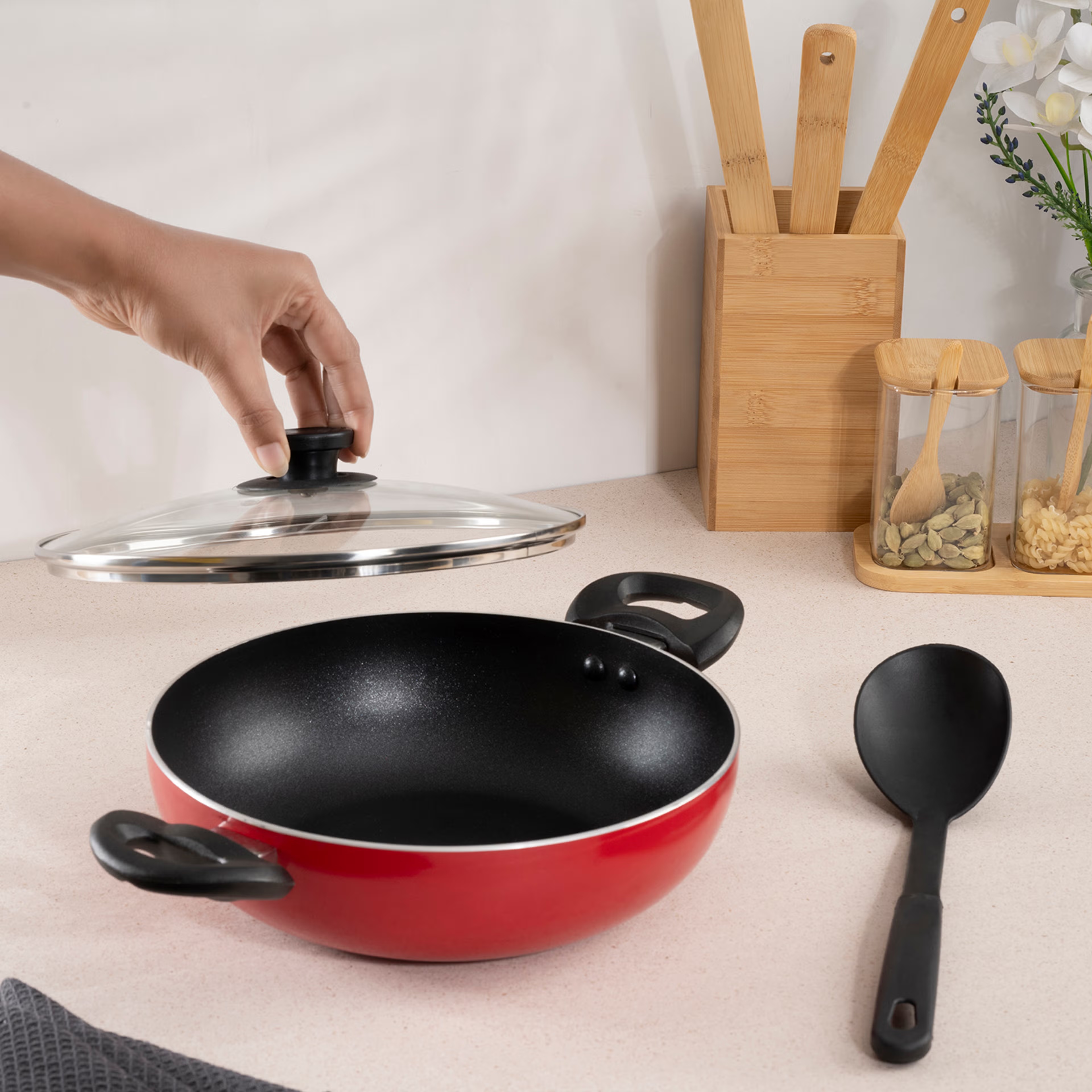 Advanced 5 layer Non-Stick Kadai with Glass Lid | 28 cm | 2.6 mm thick | PFOA & PTFE Free | Gas Compatible | Highly durable & Metal Spoon Friendly | Sturdy Handle | Free Spoon | Culantro | Red & Black Kadai, Aluminium, Non Induction Base, Kadai-4 Ltr
