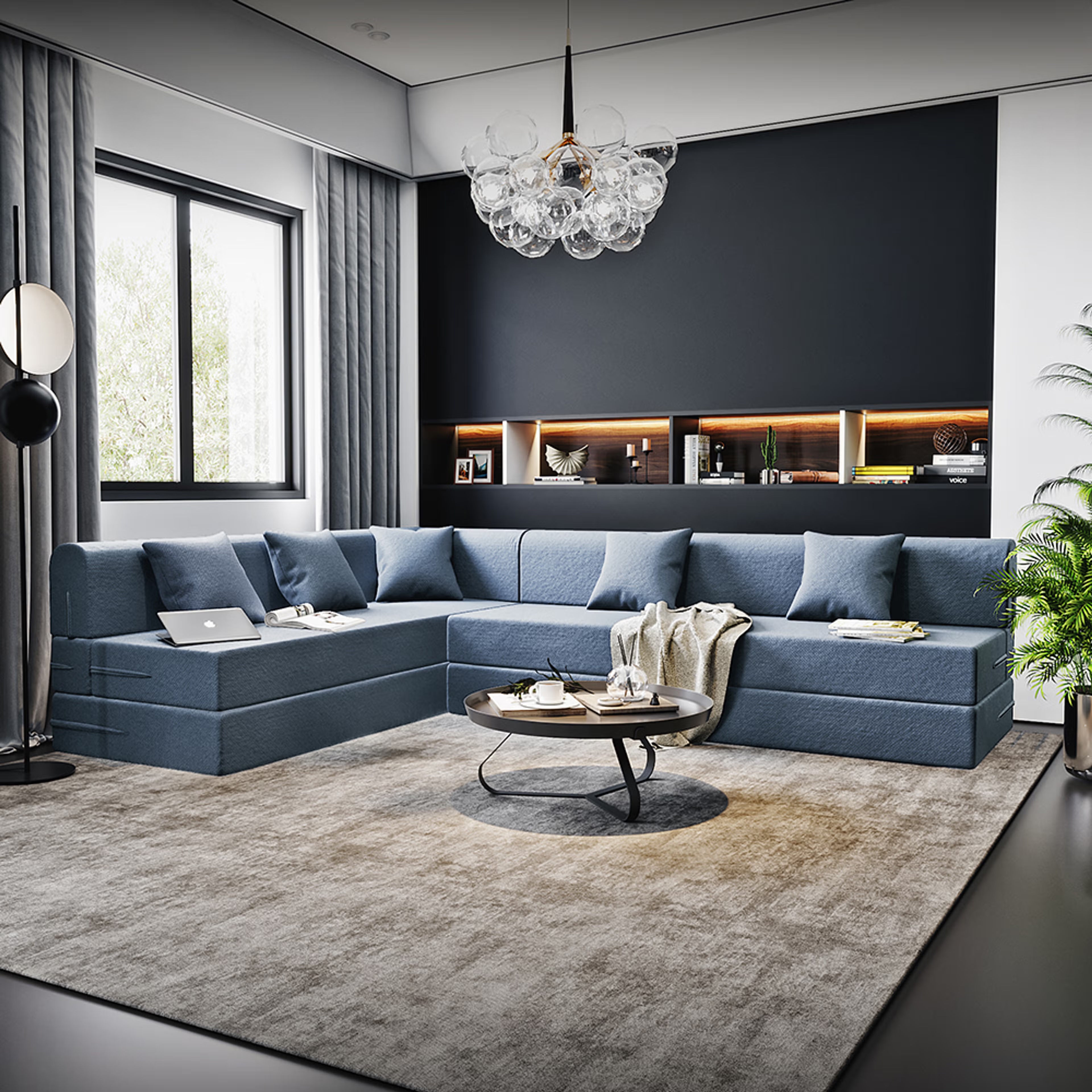 Home 43 Wakefit Flipper L - Shape Sofa Cum Bed 6 Seater (3 Seater + Right Aligned Chaise) - Omega Blue Sectional, 7.5 Thickness, Set (3 Seater + Right Aligned Chaise), Omega Blue