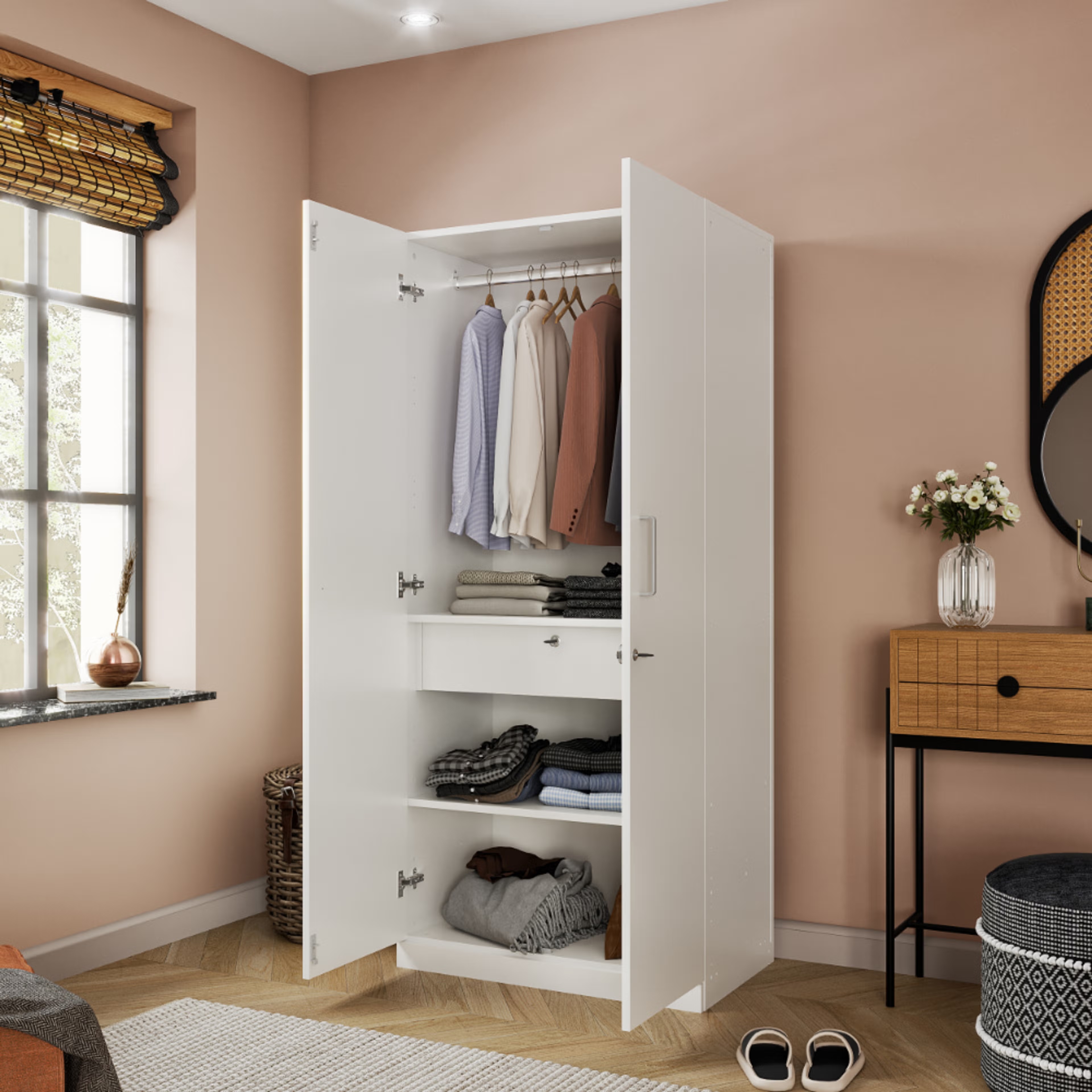 Gingham 2 Door Wardrobe with Drawer and 1 Hanging Space | Without Mirror & Loft |(Frosty white) 2 Door, With Drawer, Without Mirror, Without Loft, 1 Hanging Area, Frosty White