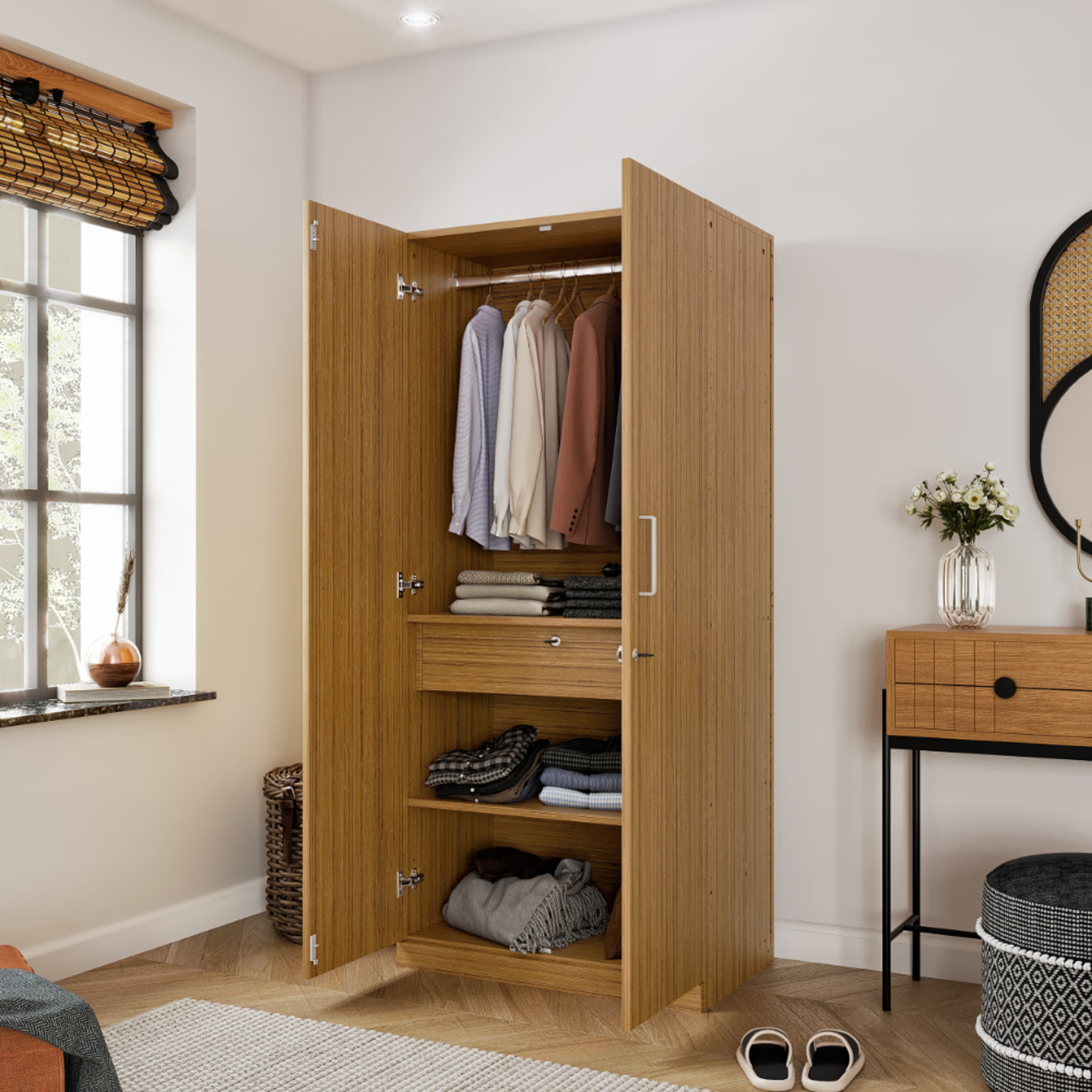 Gingham 2 Door Wardrobe with Drawer and 1 Hanging Space | Without Mirror & Loft | (Urban Teak) 2 Door, With Drawer, Without Mirror, Without Loft, 1 Hanging Area, Urban Teak