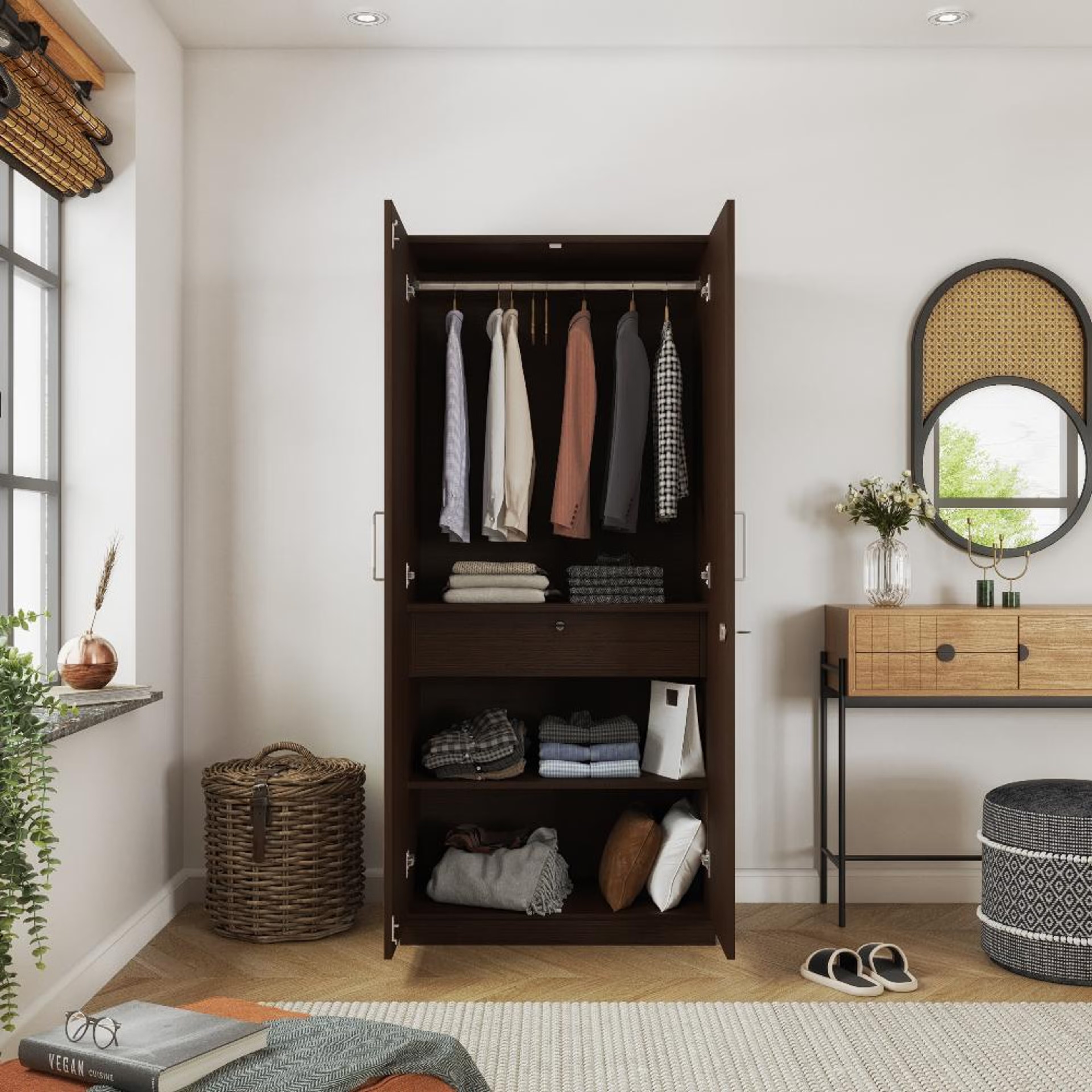 Gingham 2 Door Wardrobe with Drawer, Mirror and 1 Hanging Space | Without Loft | (Wenge) 2 Door, With Drawer, With Mirror, Without Loft, 1 Hanging Area, Wenge