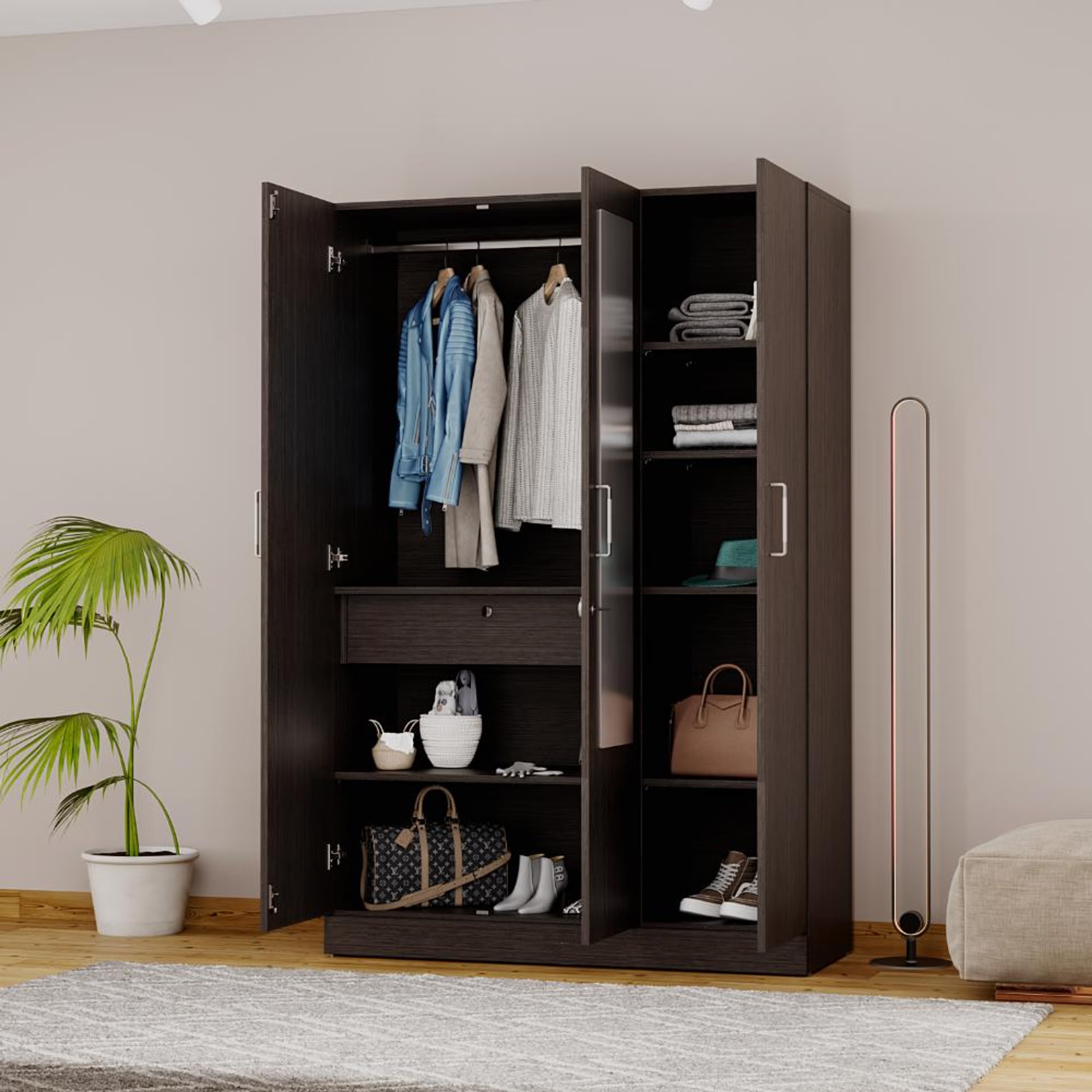 Gingham 3 Door Wardrobe with Drawer, Mirror and 1 Hanging Space | Without Loft | (Wenge) 3 Door, With Drawer, With Mirror, Without Loft, 1 Hanging Area, Wenge