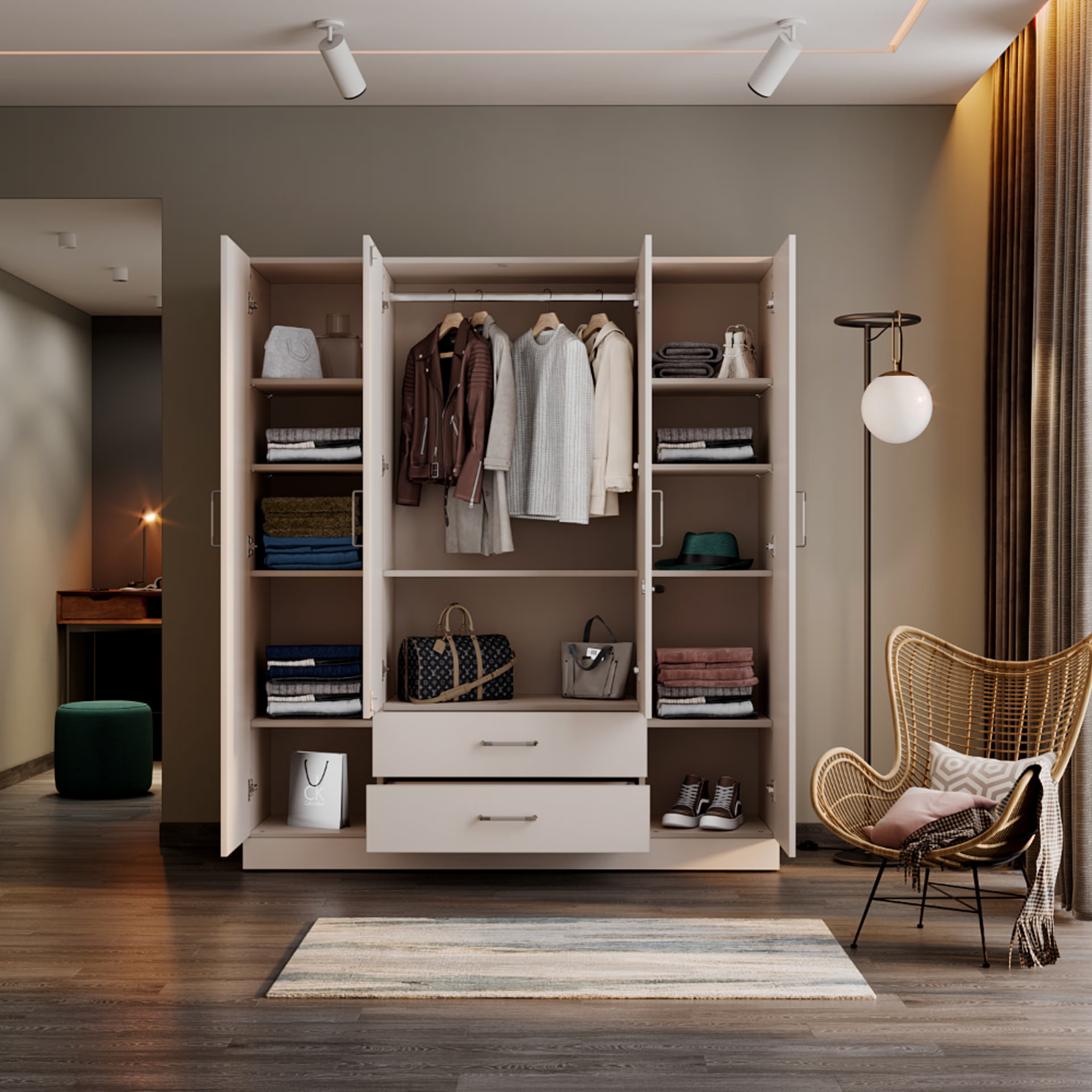 Organza Plus 4 Door Wardrobe with Drawer and 1 Hanging Space | Without Mirror | (Frosty white) 4 Door, With Drawer, Without Mirror, 1 Hanging Area, Frosty White