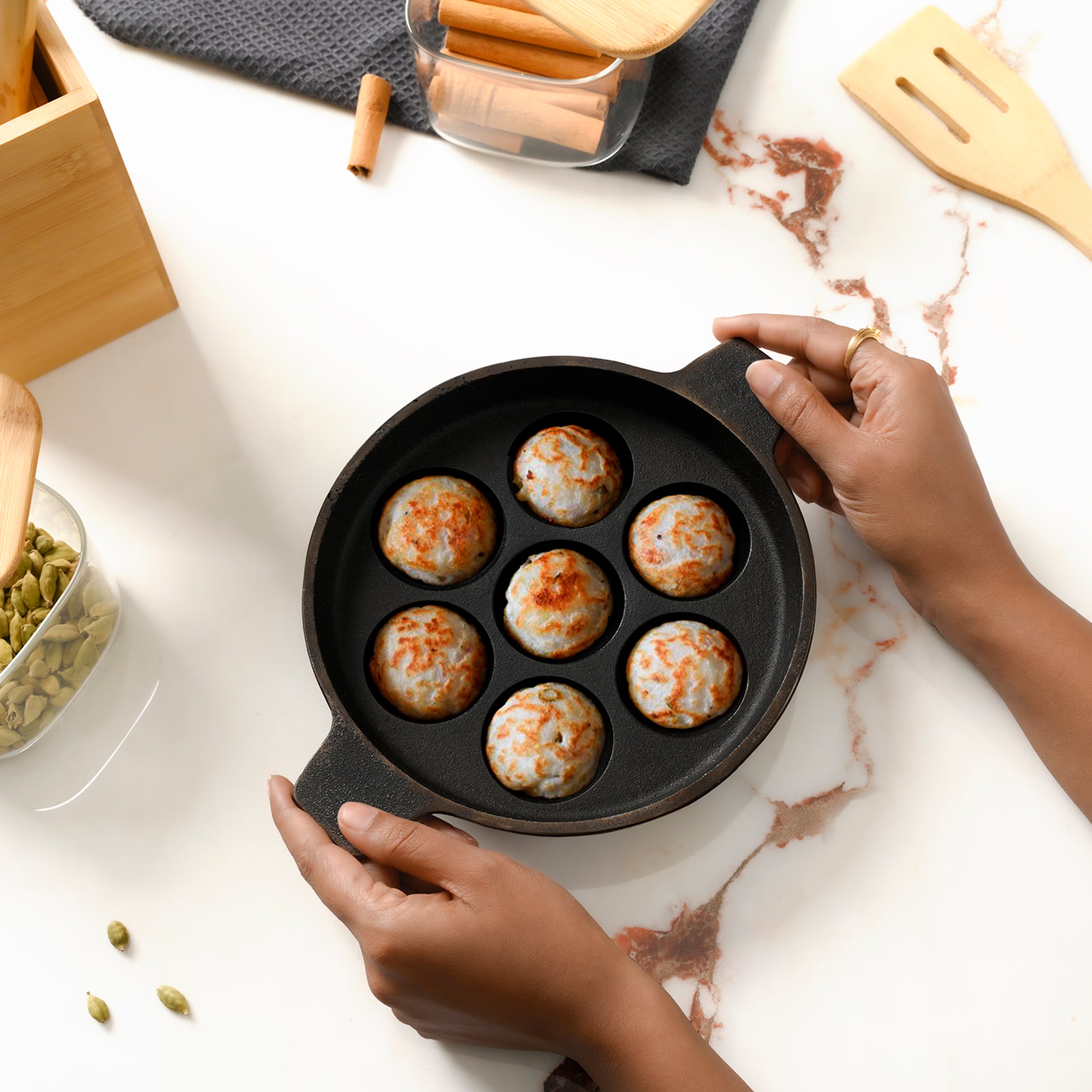 Home 25 Cast Iron Paniyaram Pan with Base Ring | | 7 Cavity | Pre-Seasoned Appam Maker, Appe Pan, Appam Pan Cast Iron | Appe Maker | Toxin Free | Gas Friendly Pan, Cast Iron, Non Induction Base, Panyiram Pan W Base ring-7 cavity