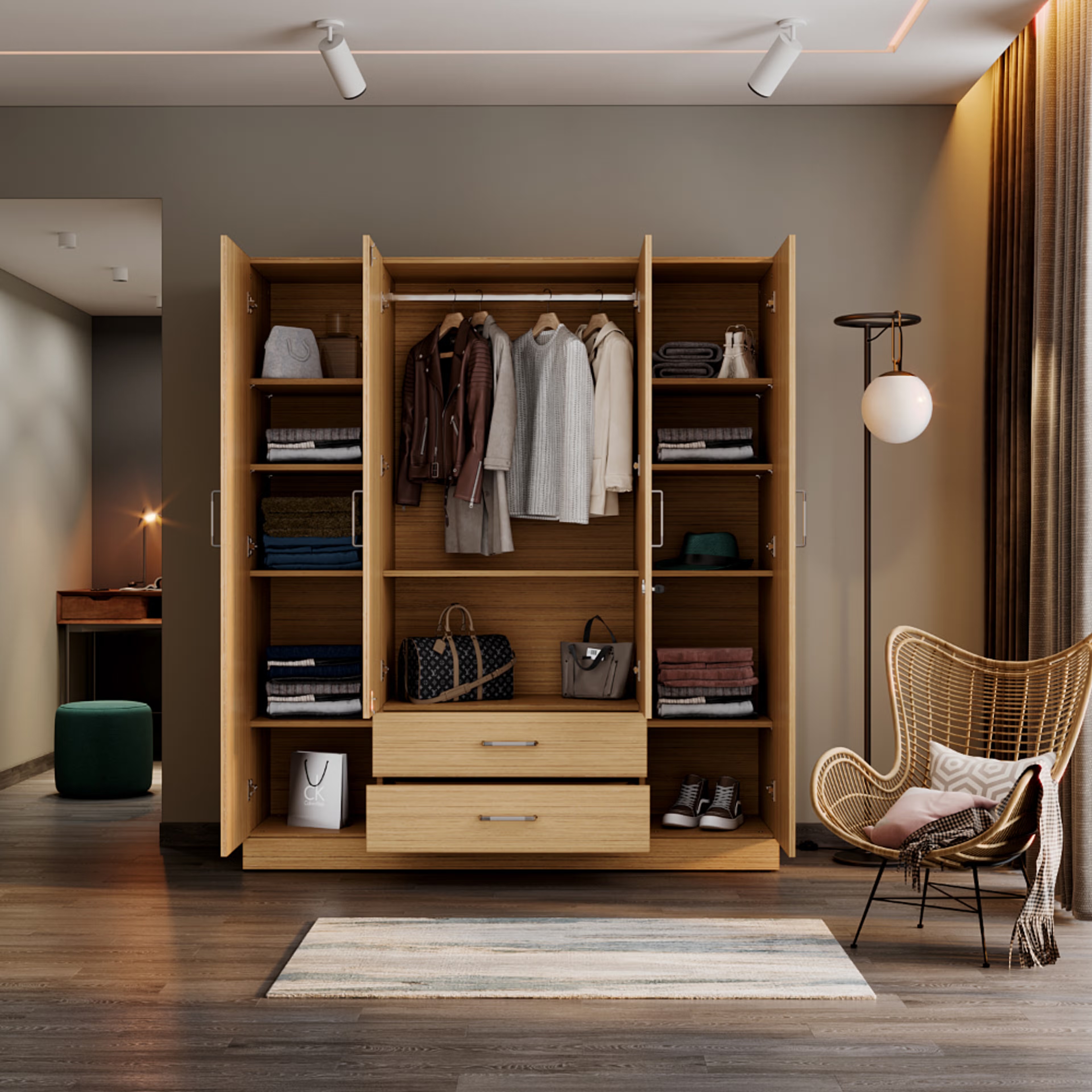 Home 31 Organza Plus 4 Door Wardrobe with Drawer and 1 Hanging Space | Without Mirror | (Urban Teak) 4 Door, With Drawer, Without Mirror, 1 Hanging Area, Urban Teak