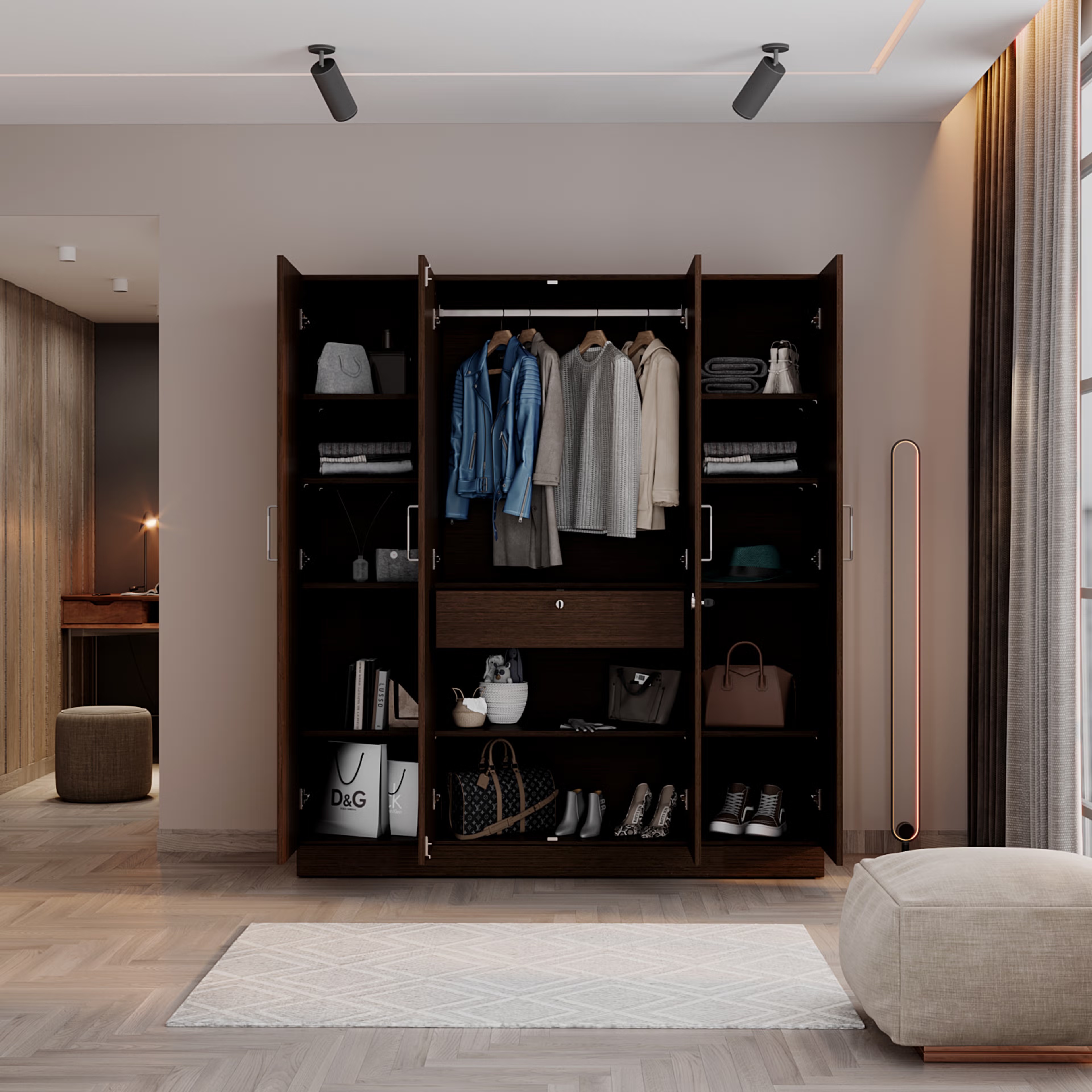 Gingham 4 Door Wardrobe with Drawer, Mirror and 1 Hanging Space | Without Loft | (Wenge) 4 Door, With Drawer, With Mirror, Without Loft, 1 Hanging Area, Wenge