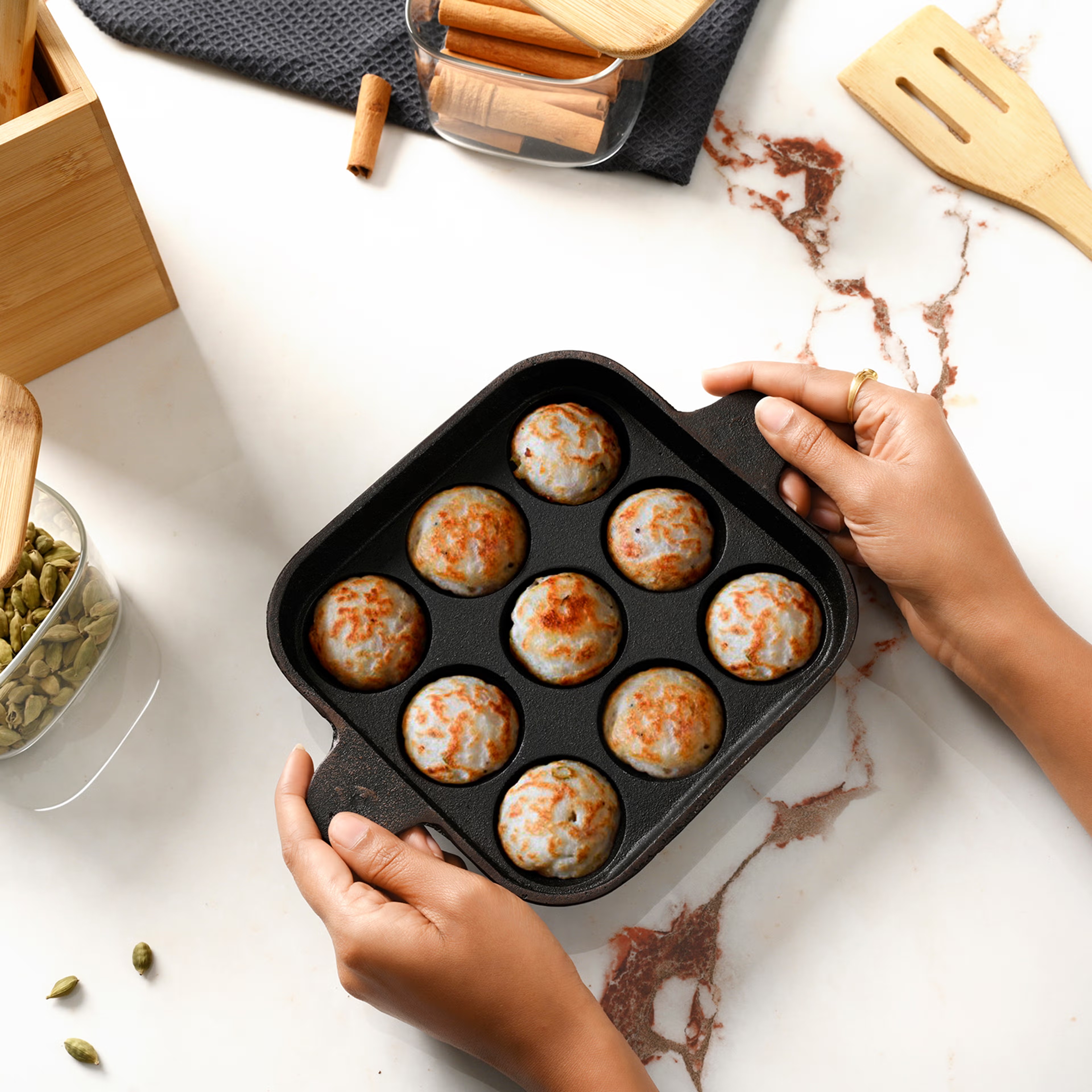 Cast Iron Paniyaram Pan with Base Ring | | 9 Cavity | Pre-Seasoned Appam Maker, Appe Pan, Appam Pan Cast Iron | Appe Maker | Toxin Free | Gas Friendly Pan, Cast Iron, Non Induction Base, Panyiram Pan W Base ring- 9 cavity