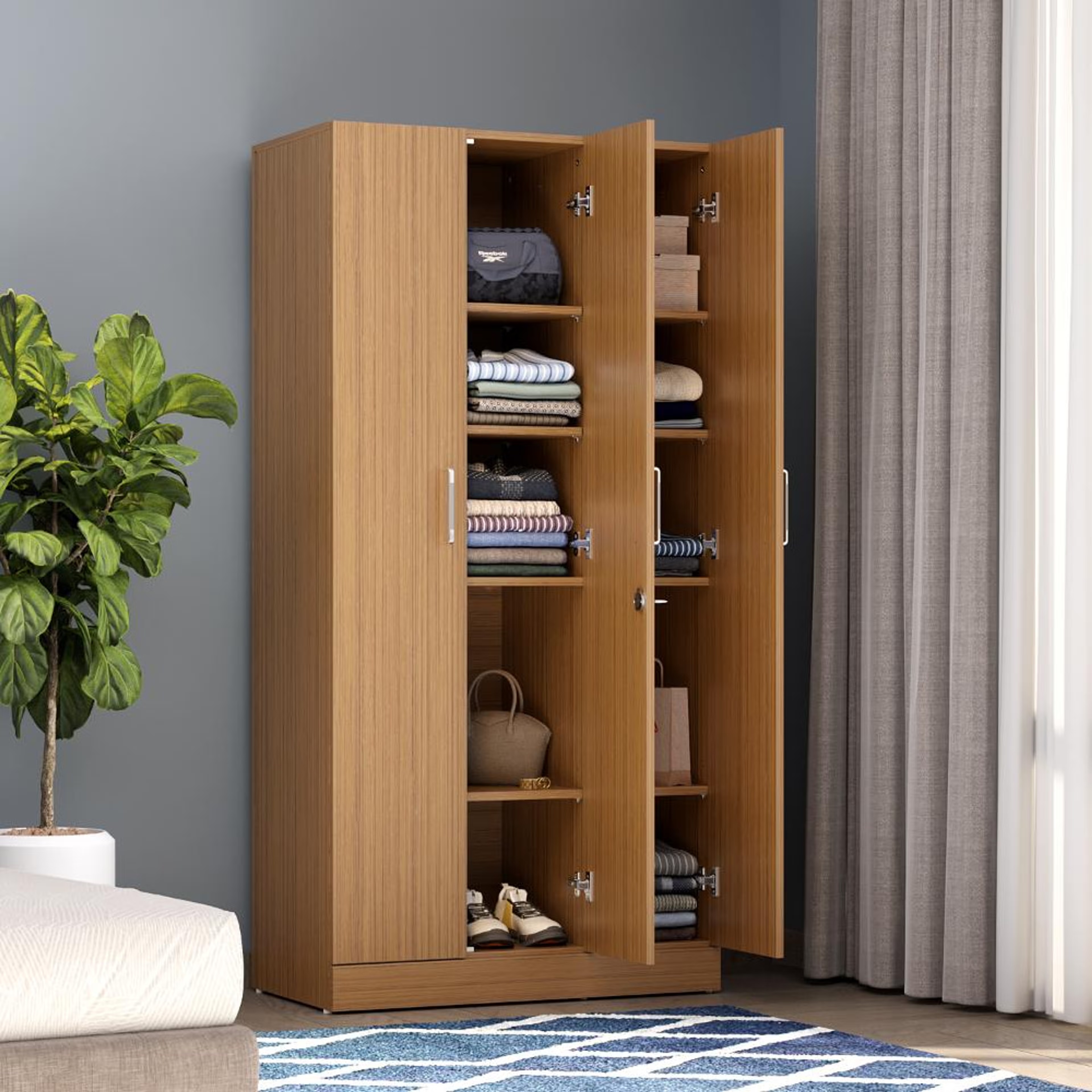 Twill 3 Door Compact Wardrobe | Without Drawer, Mirror & No Hanging Area | (Urban Teak) 3 Door, Without Drawer, Without Mirror, No Hanging Area, Urban Teak