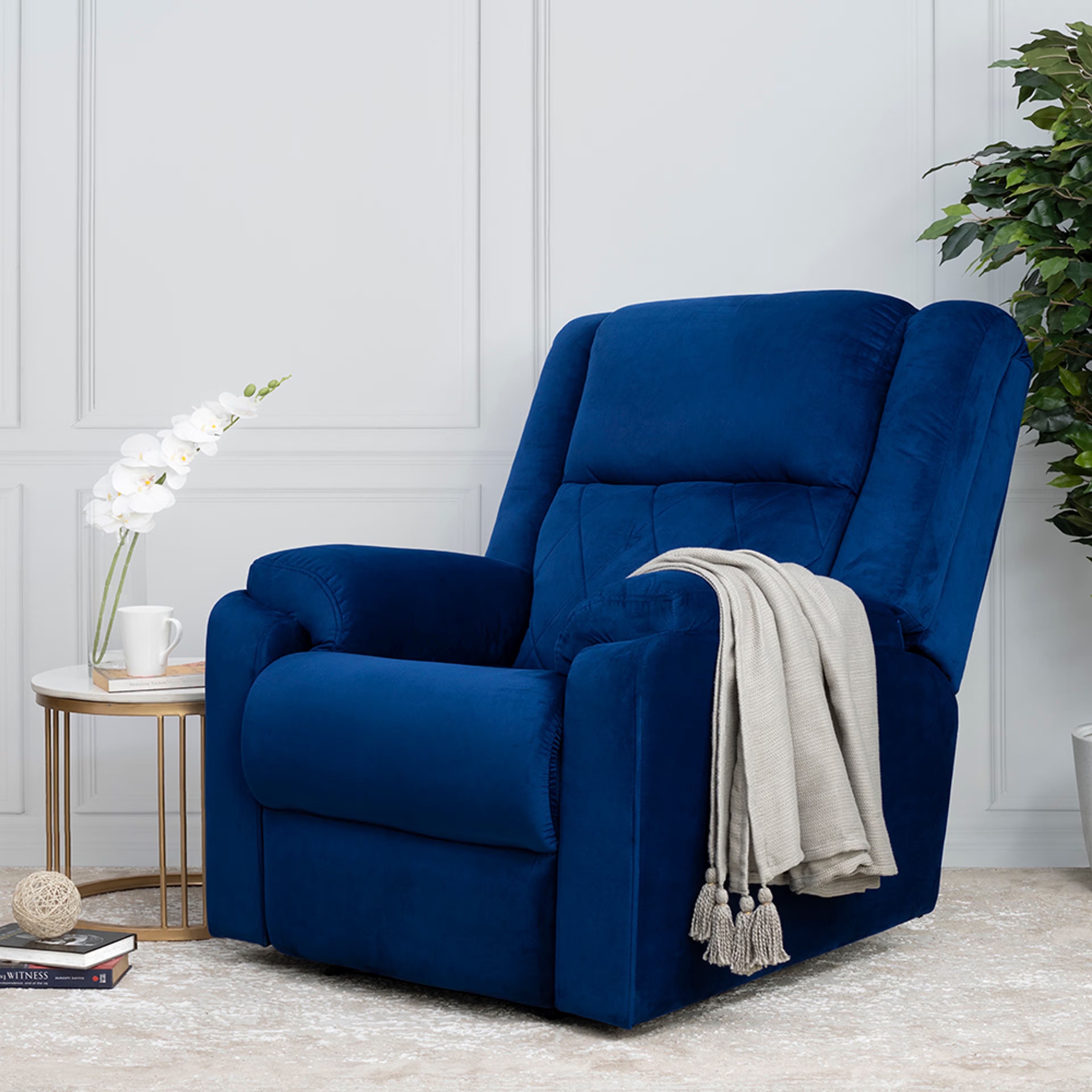 Wakefit Empress Recliner - 1 Seater - Velvet Blue Manual, Regular, 1 Seater, Blue