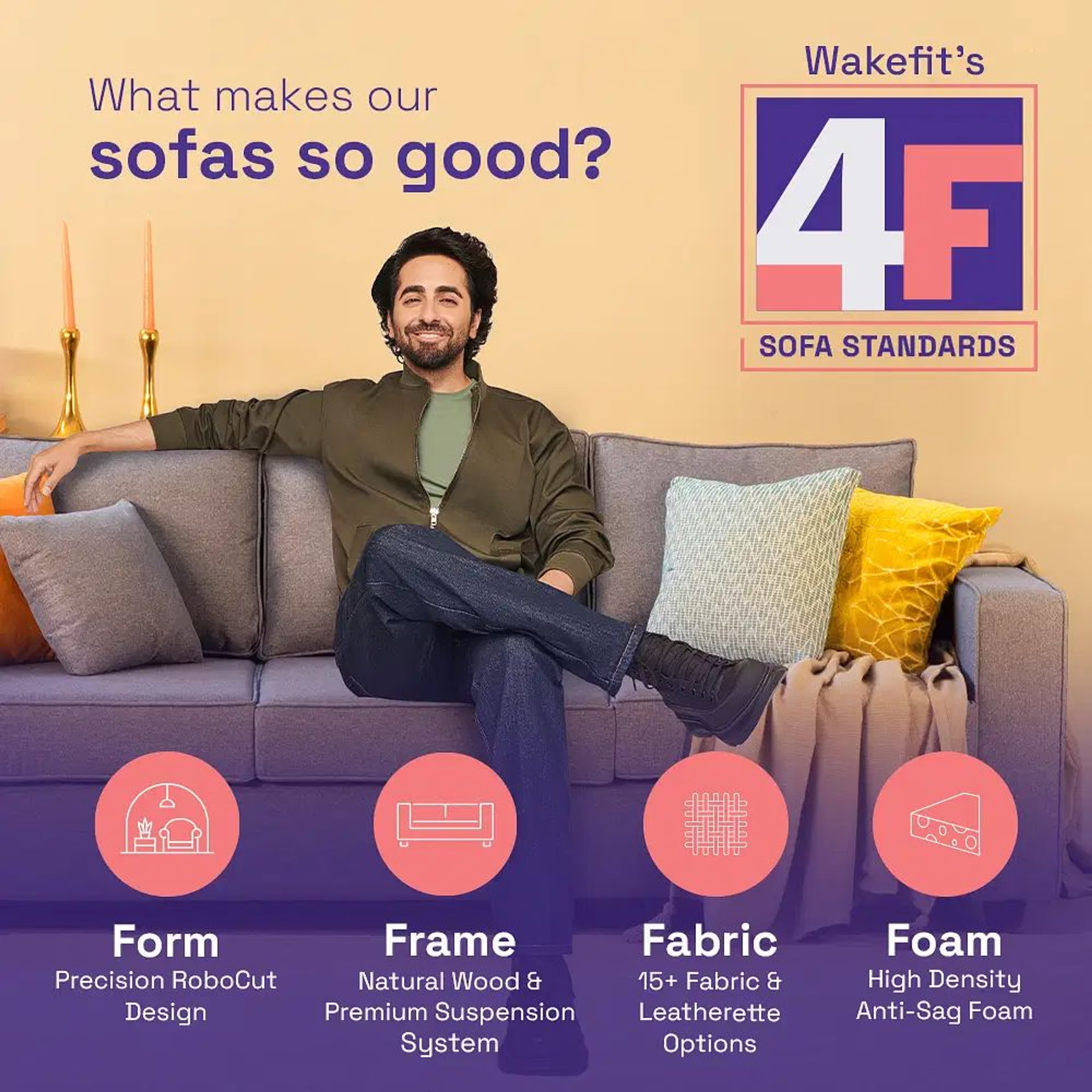 Home 33 Wakefit Solatio Sofa - Three Seater Regular, Three Seater, Purple Grey
