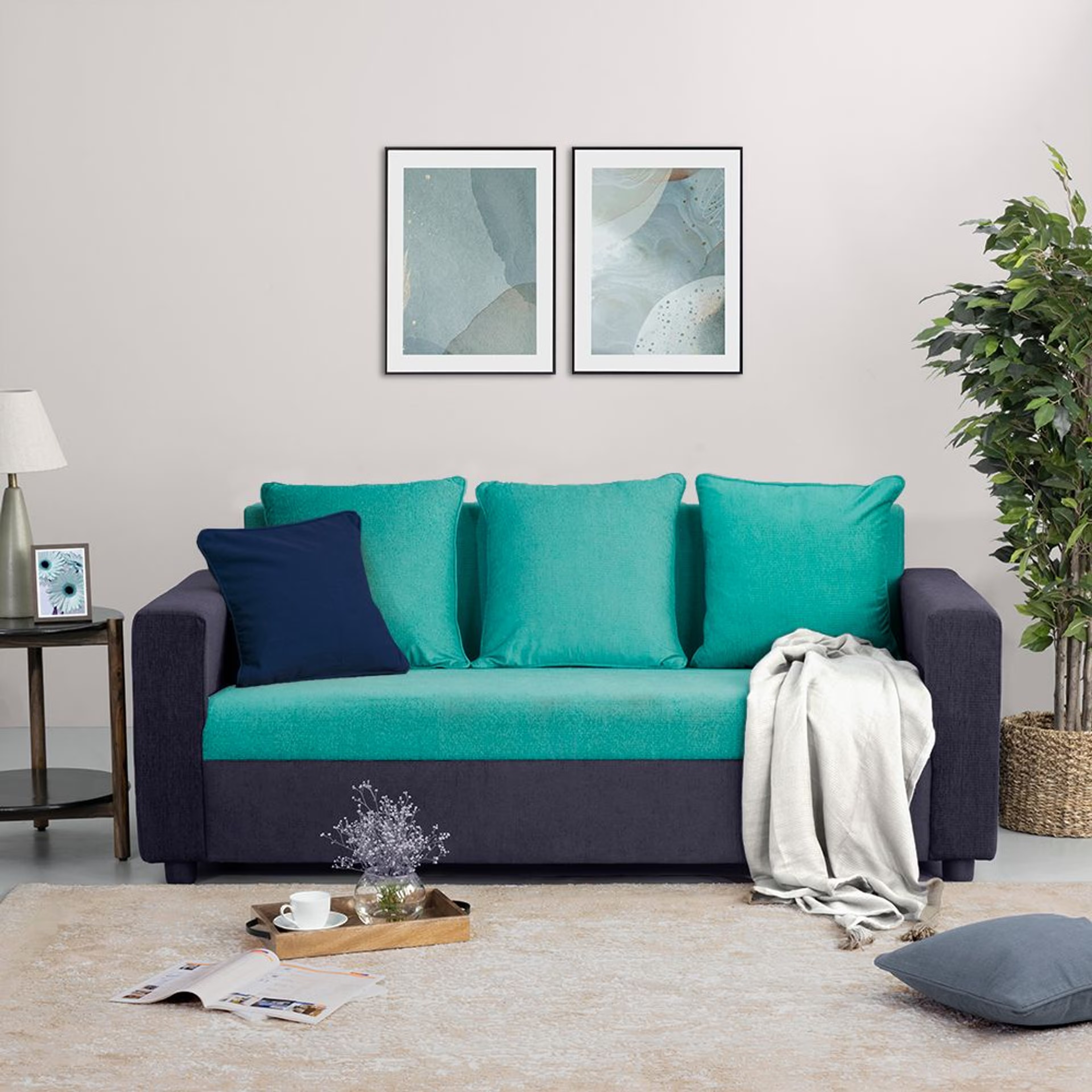 Wakefit Solatio Sofa - Three Seater Regular, Three Seater, Purple Grey & Sky Green