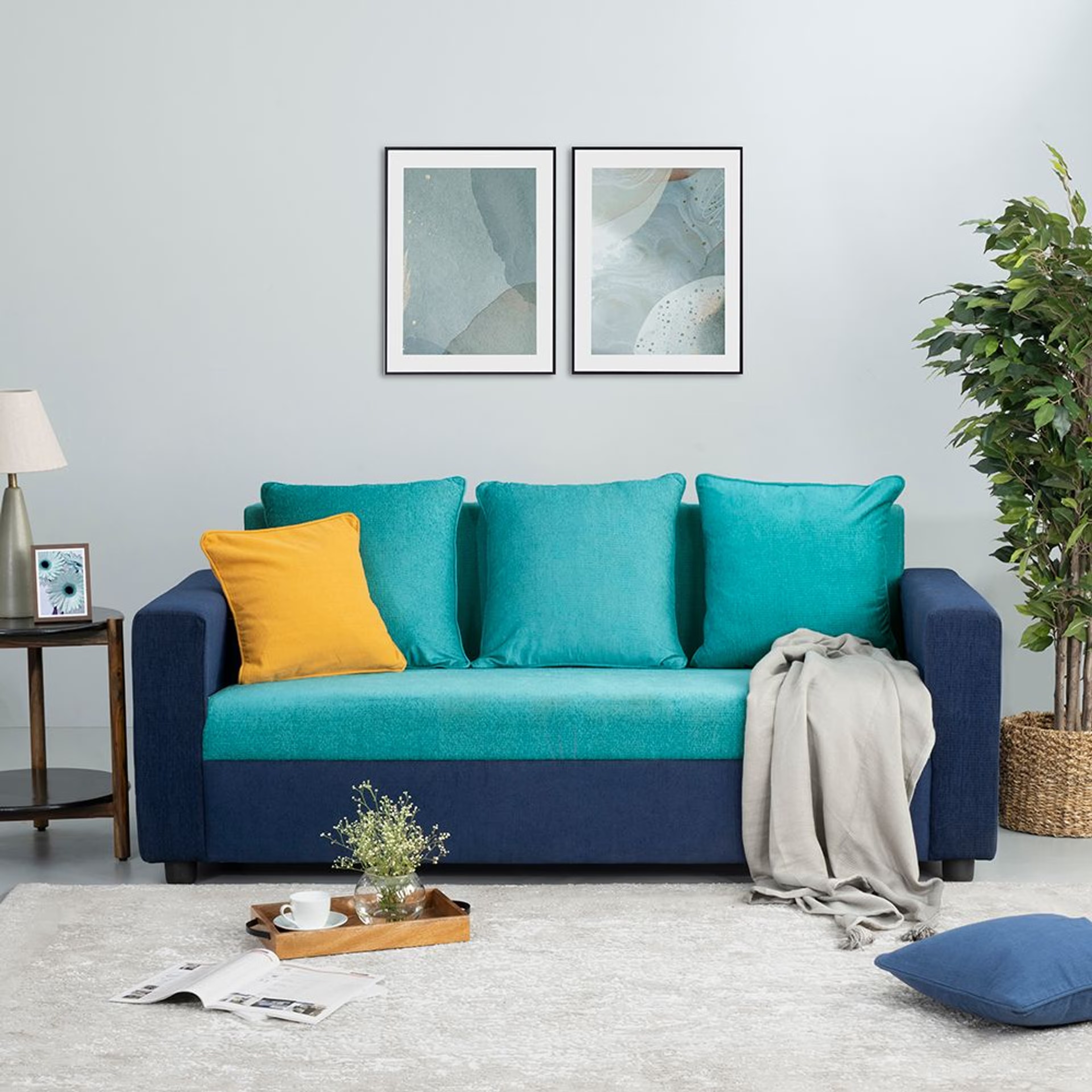 Wakefit Solatio Sofa - Three Seater Regular, Three Seater, Dark Blue & Sky Green