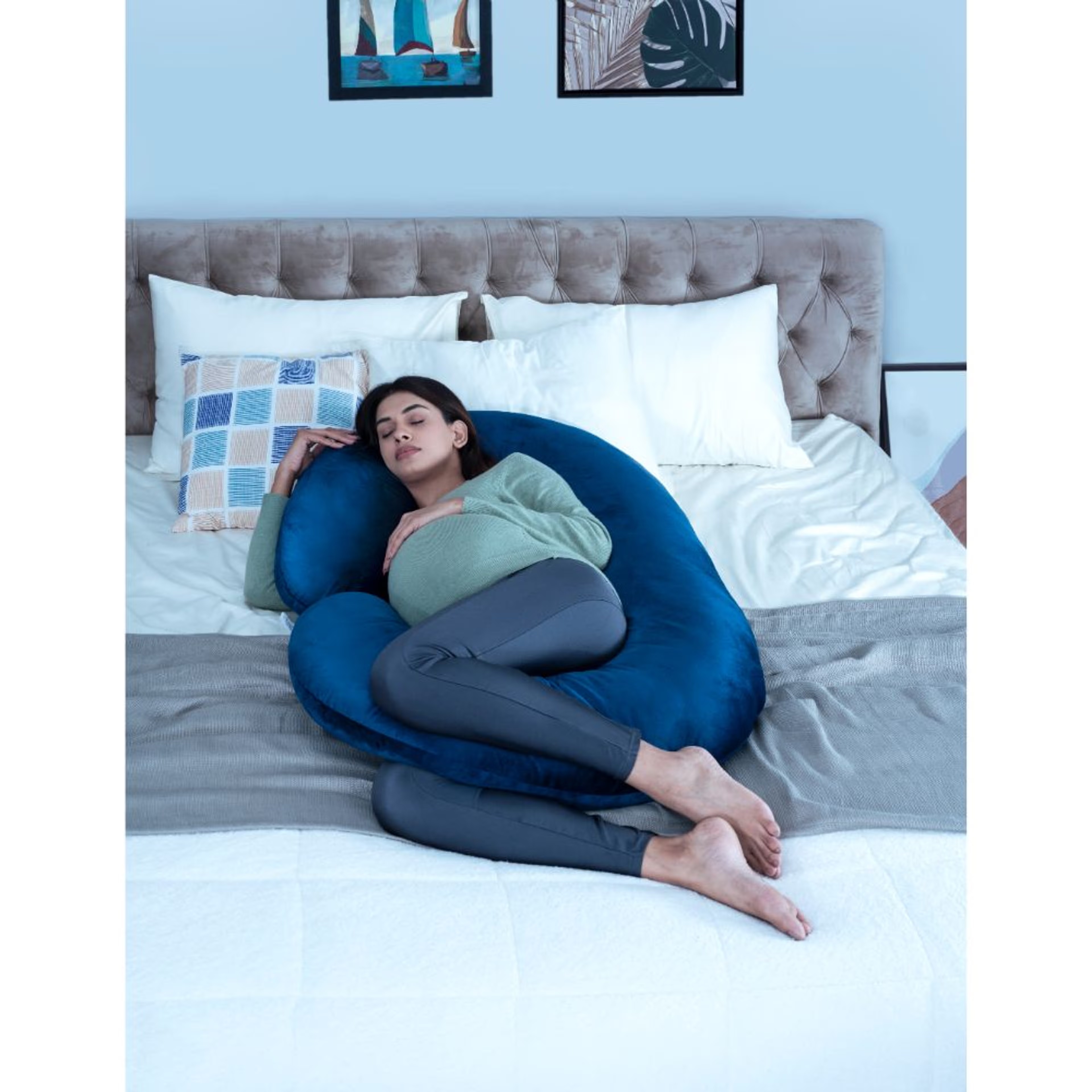 Maternity Pillow for Pregnancy Support | C Shape | Super Soft & Machine Washable Velvet Cover | Dark Blue C Shape, Velvet, Dark Blue