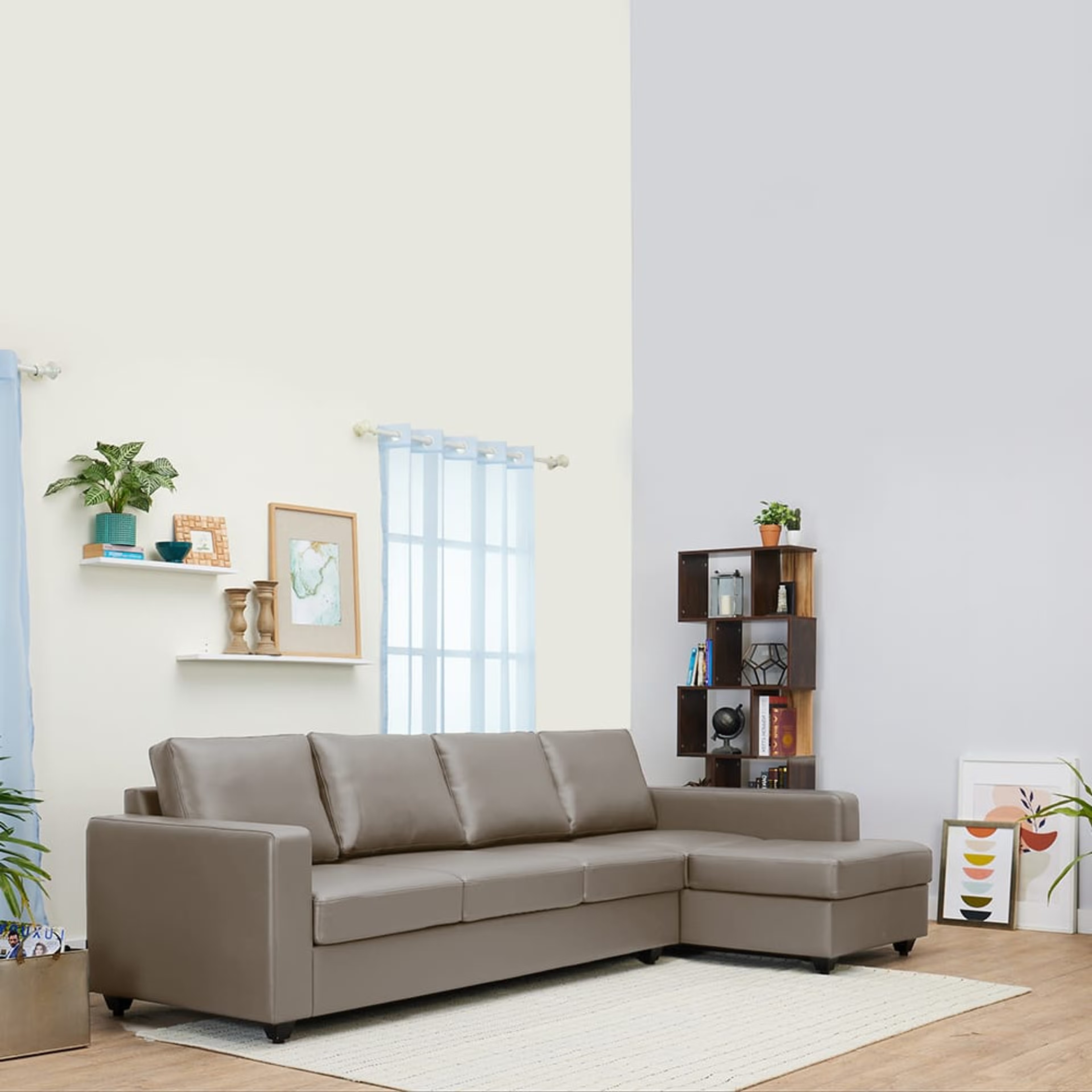 Wakefit Napper L Shape Sofa Set (3 Seater + Right Aligned Chaise + Ottoman) Sectional, Without Storage, 3 + Right Aligned Chaise with Ottoman, Cappuccino