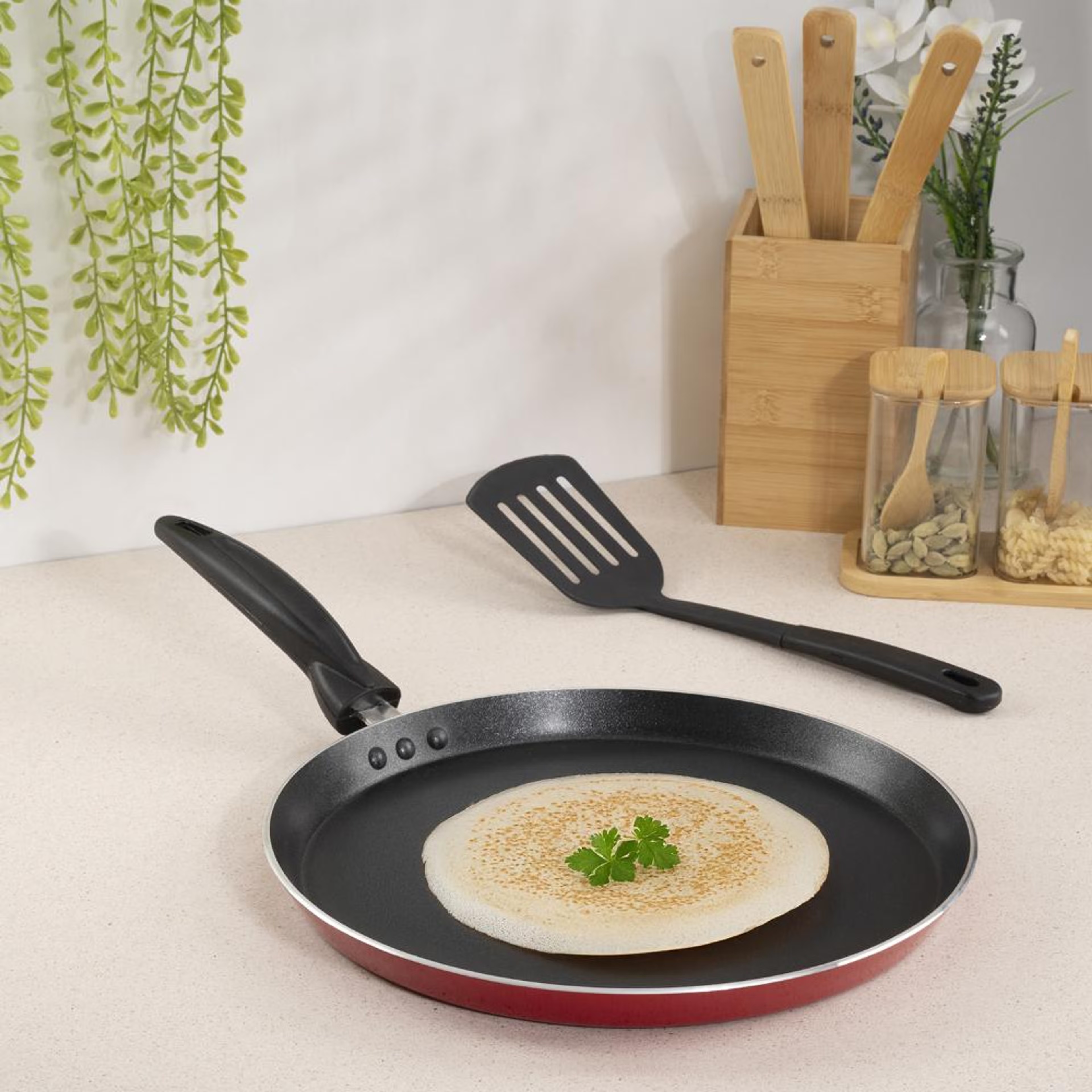 Advanced 5 layer Non-Stick Tawa | 28 cm | 2.6 mm thick | PFOA & PTFE Free | Gas Compatible | Highly durable & Metal Spoon Friendly | Sturdy Handle | Free Spatula | Chervil | Red & Black Tawa, Aluminium, Non Induction Base, Tawa-11 inch