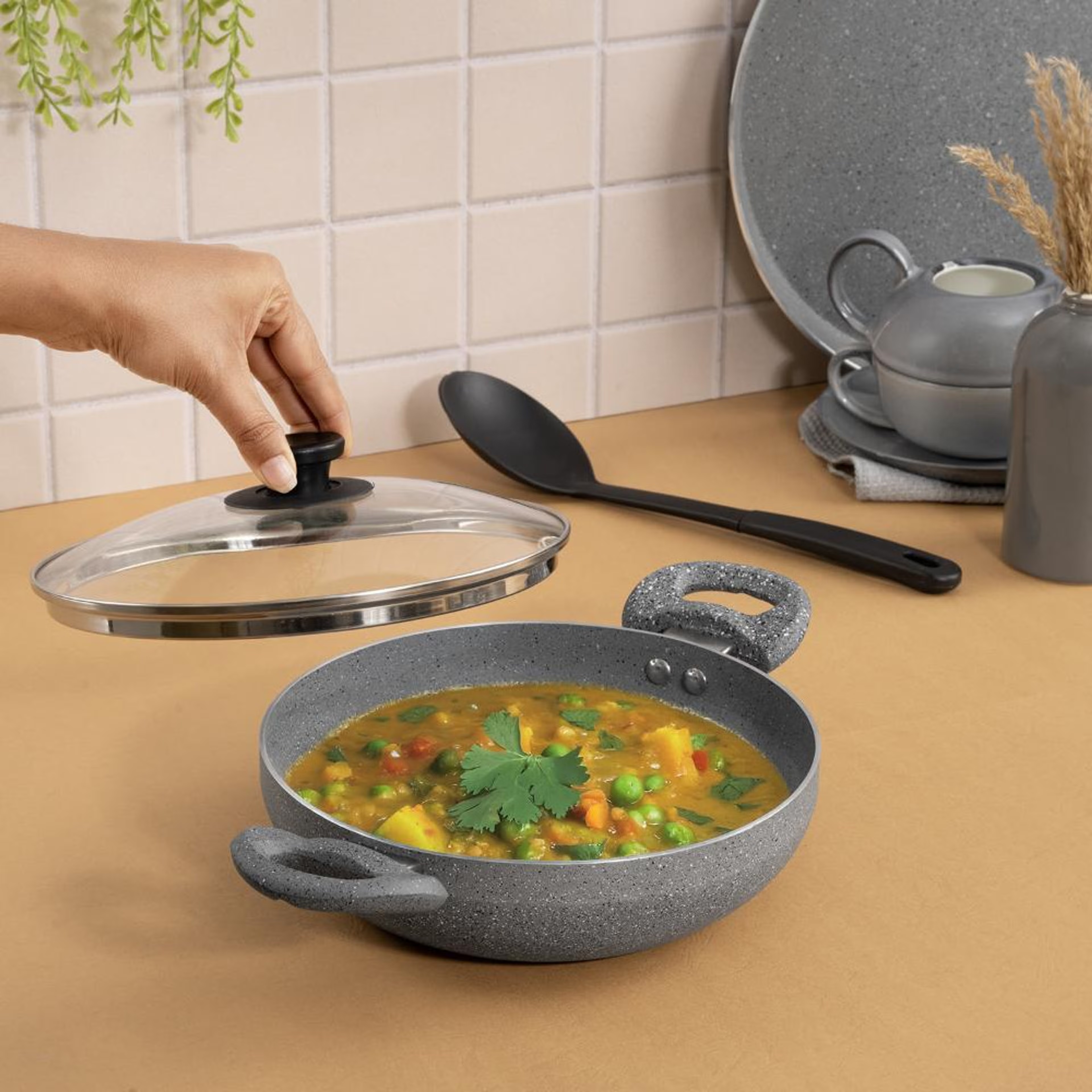 Home 34 Advanced 5 layer Non-Stick Kadai with Glass Lid | 22 cm | 3 mm thick | PFOA & PTFE Free | Gas & Induction Compatible | Durable & Metal Spoon Friendly | Soft Touch Handle | Free Spoon | Culantro | Blue Kadai, Aluminium, Induction Base, Kadai-2 Ltr