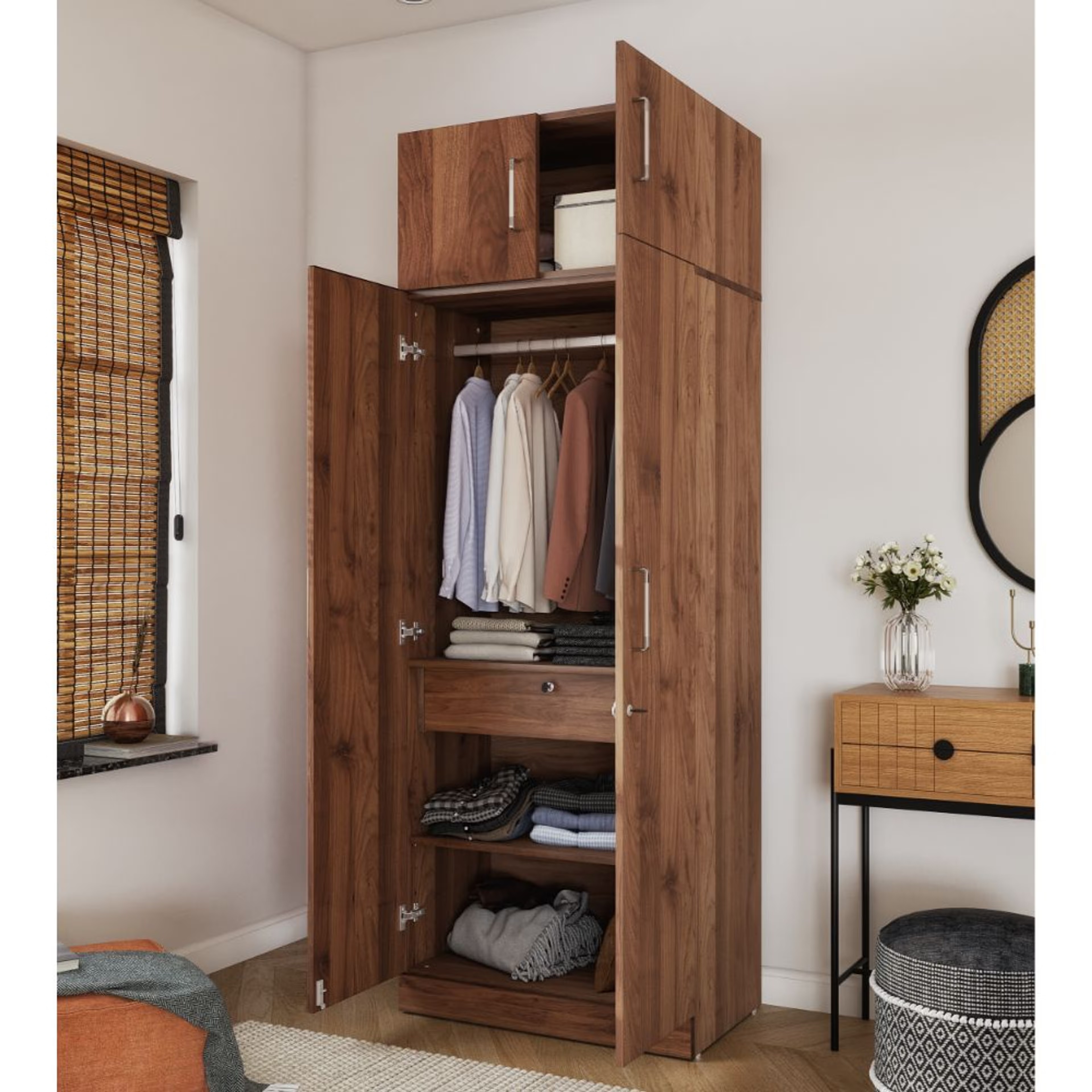 Gingham 2 Door Wardrobe in Matte Finish with Drawer, Loft & 1 Hanging Space | (Columbia Walnut) 2 Door, With Drawer, Without Mirror, With Loft, 1 Hanging Area, Columbia Walnut