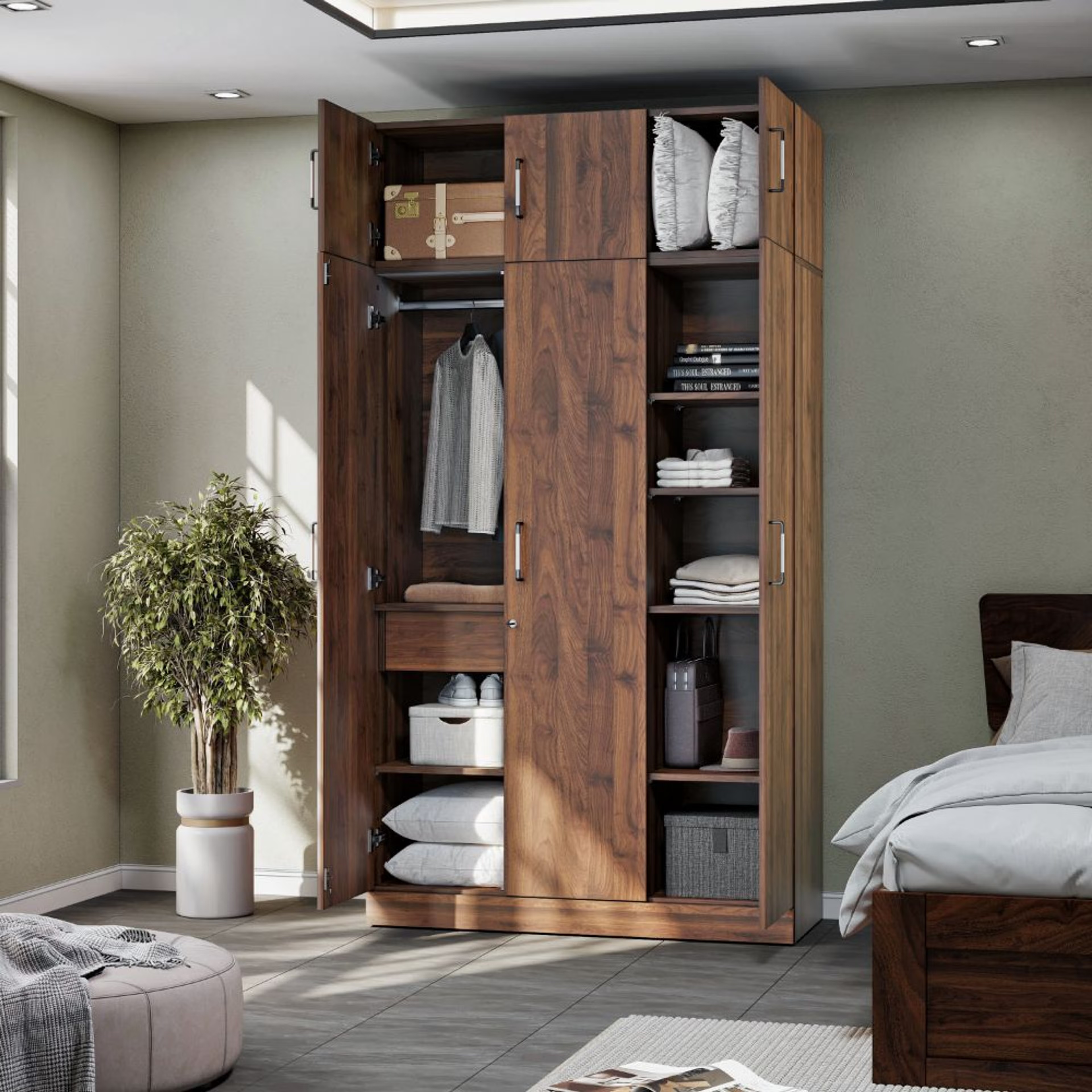 Gingham 3 Door Wardrobe in Matte Finish with Drawer, Loft & 1 Hanging Space | (Columbia Walnut) 3 Door, With Drawer, Without Mirror, With Loft, 1 Hanging Area, Columbia Walnut