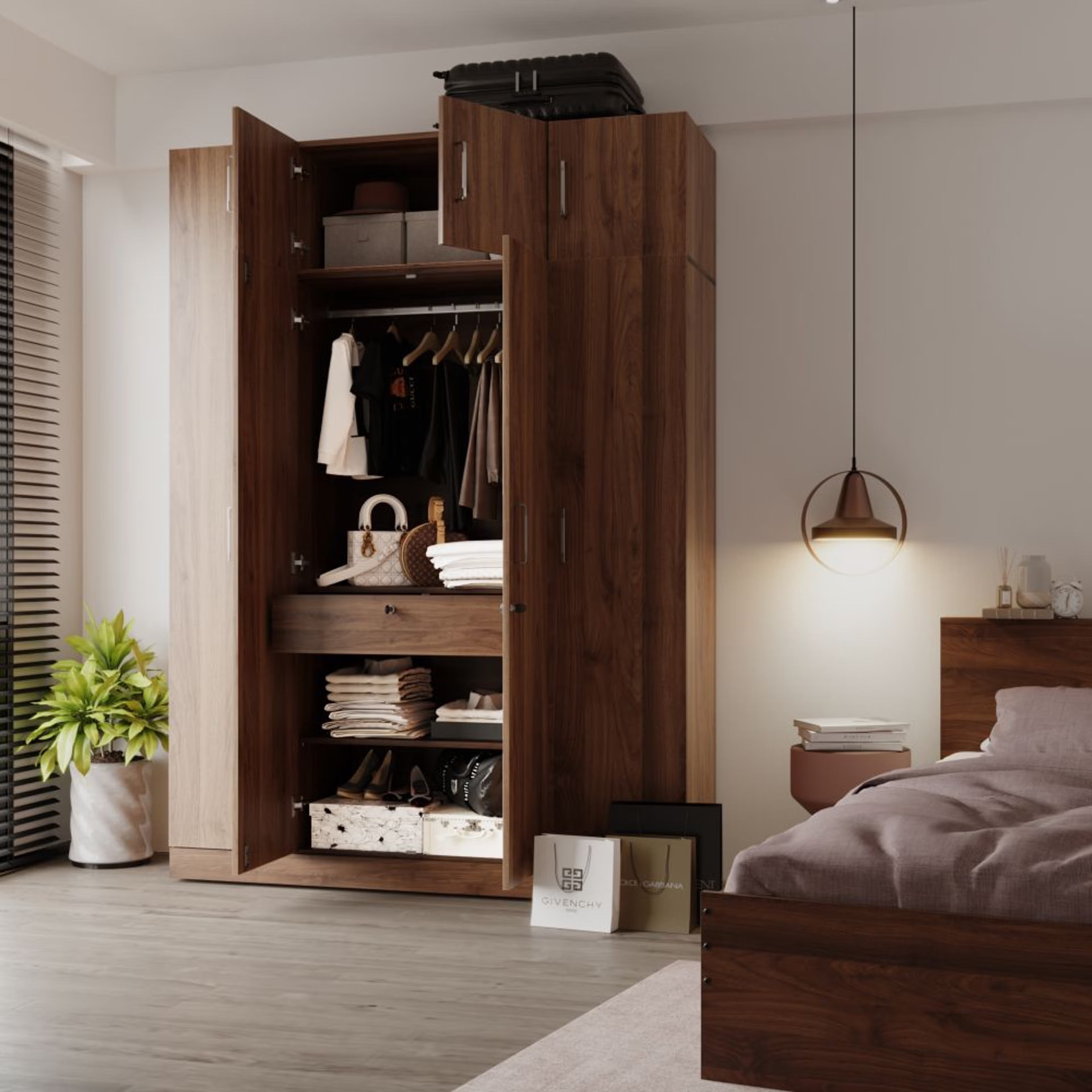 Gingham 4 Door Wardrobe in Matte Finish with Drawer, Loft and Hanging Space | Without Mirror | (Columbia Walnut) 4 Door, With Drawer, Without Mirror, With Loft, 1 Hanging Area, Columbia Walnut