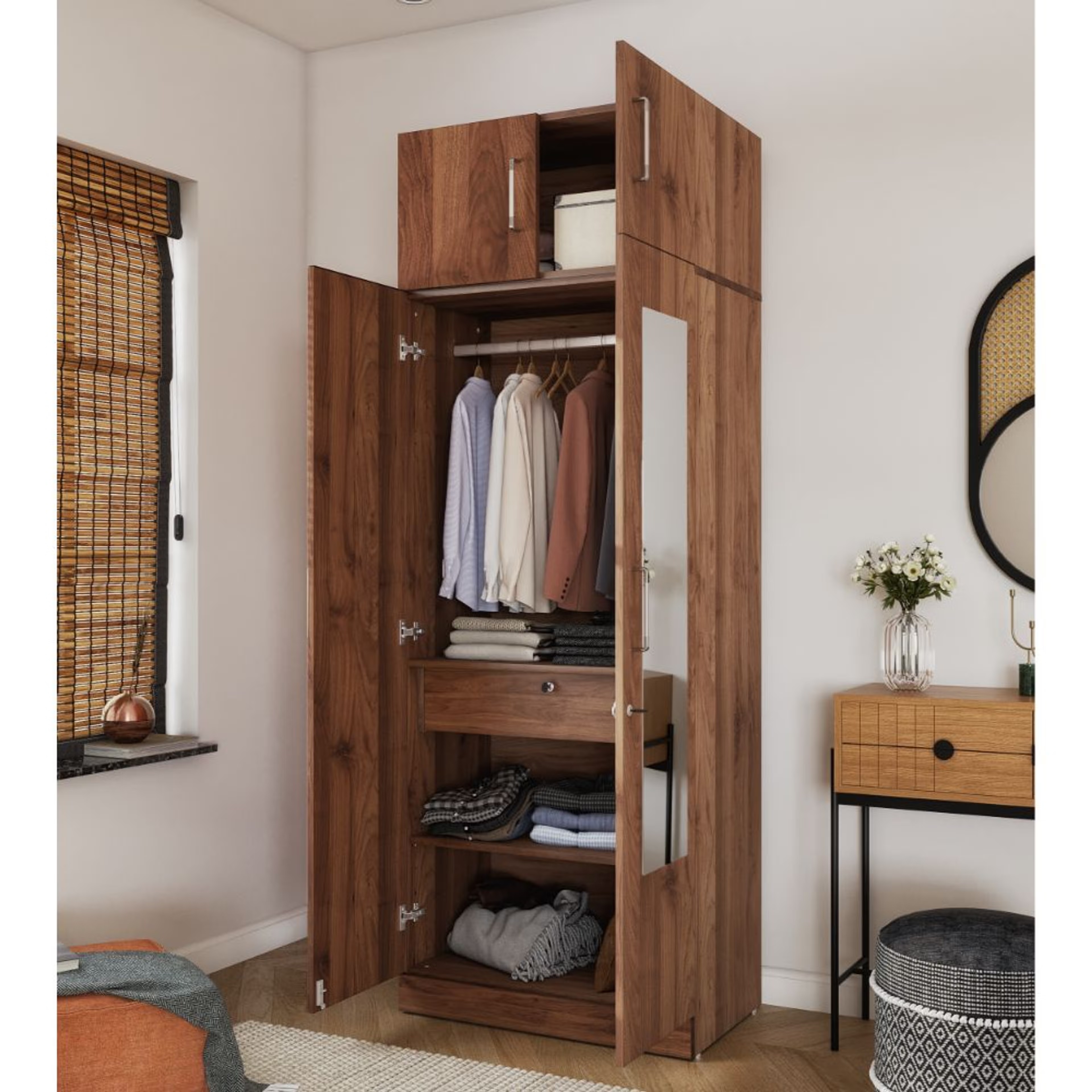Gingham 2 Door Wardrobe in Matte Finish with Drawer, Mirror, Loft & 1 Hanging Space | (Columbia Walnut) 2 Door, With Drawer, With Mirror, With Loft, 1 Hanging Area, Columbia Walnut